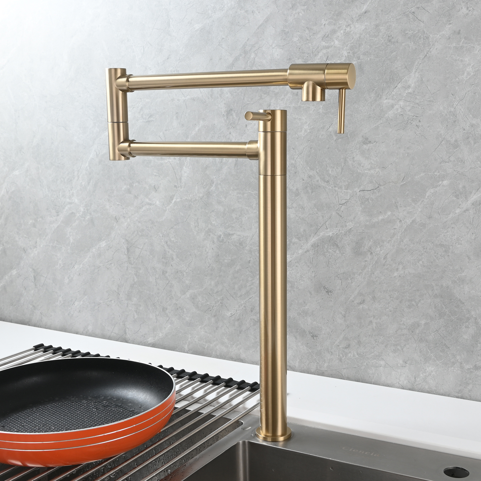 Tecmolog Brass Folding Faucet Single Cold Kitchen Tap with Double Joint Swing Arms