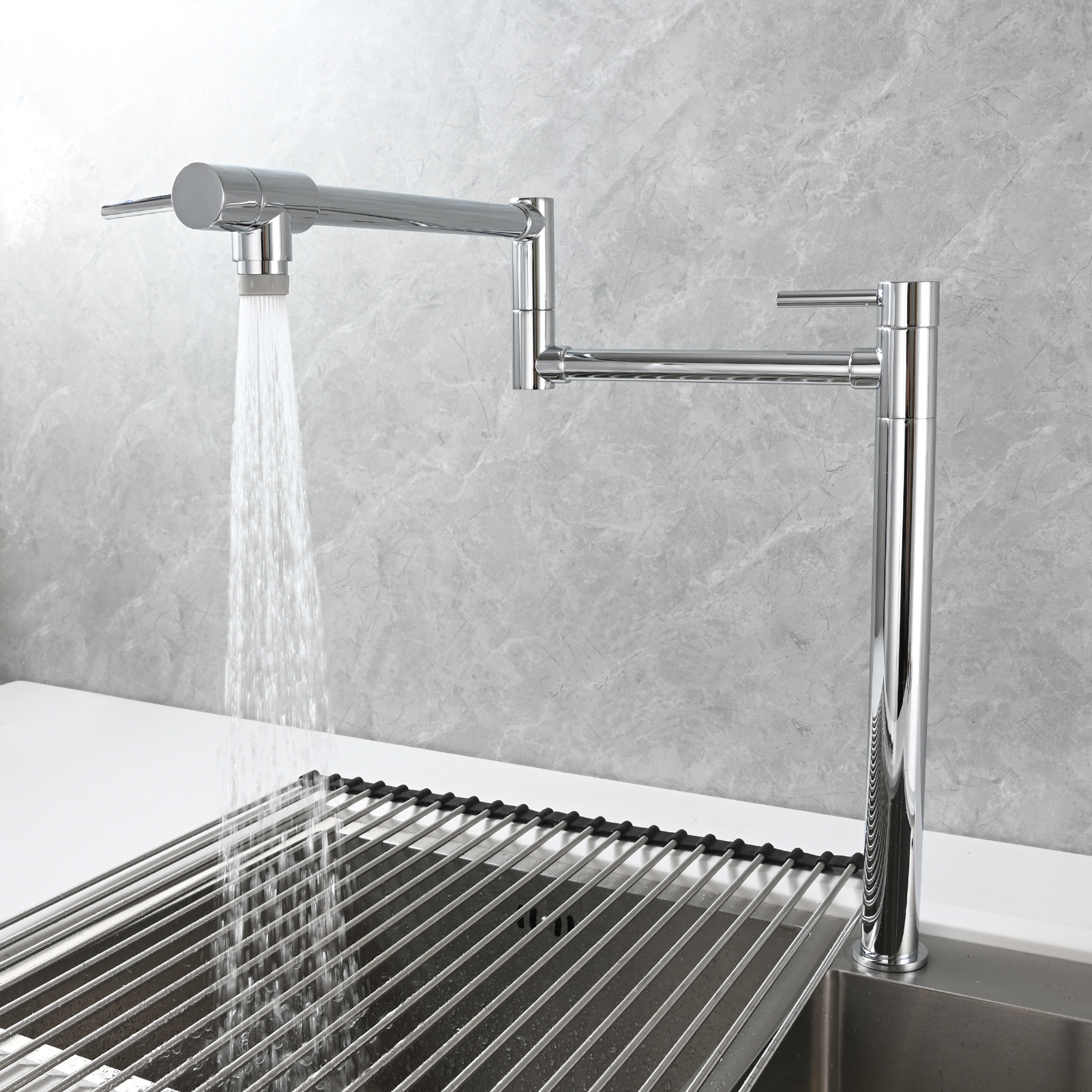 Tecmolog Brass Folding Faucet Single Cold Kitchen Tap with Double Joint Swing Arms
