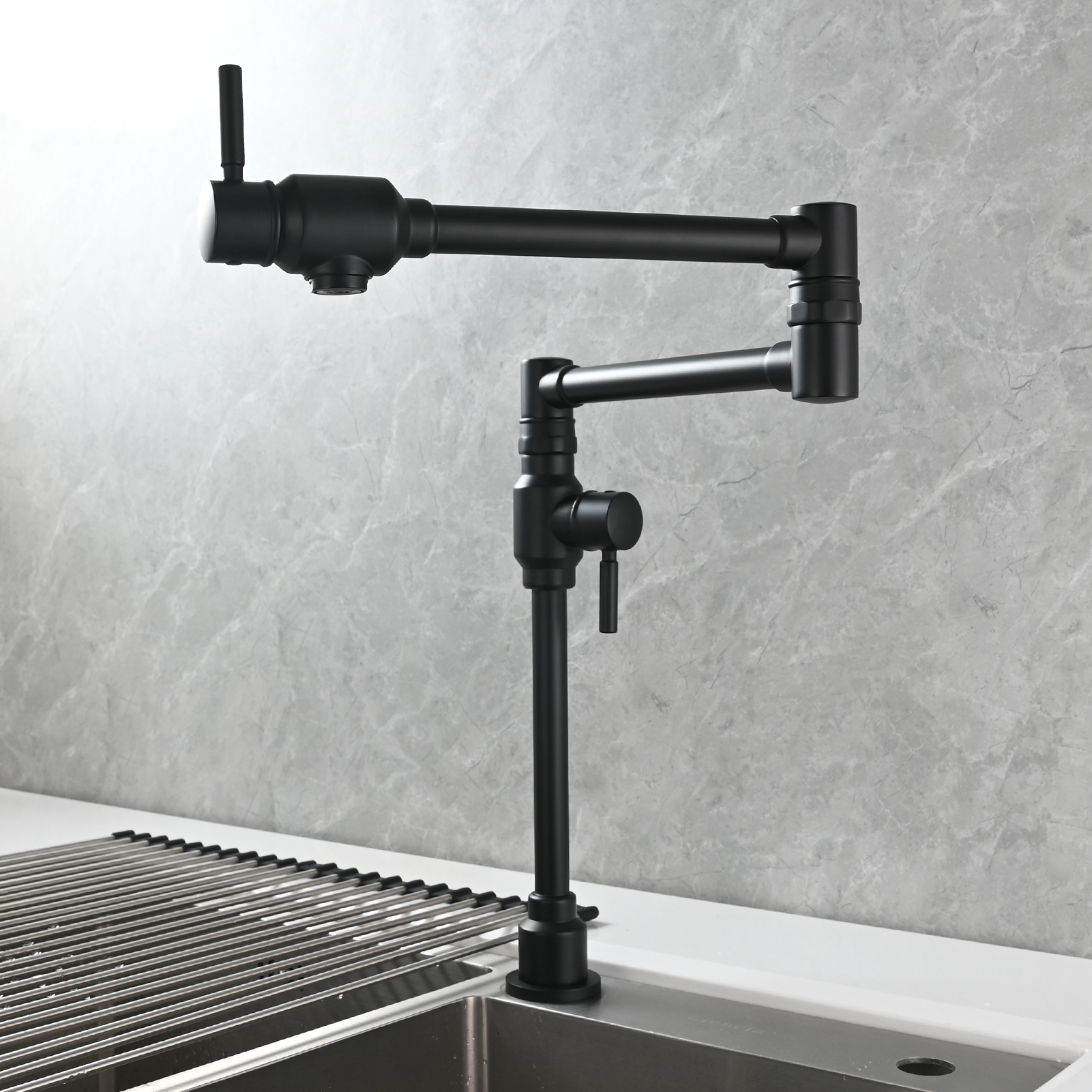 Tecmolog Brass Folding Deck Mount Pot Faucets Over Stove,Single Cold Kitchen Tap with Double Joint Swing Arms