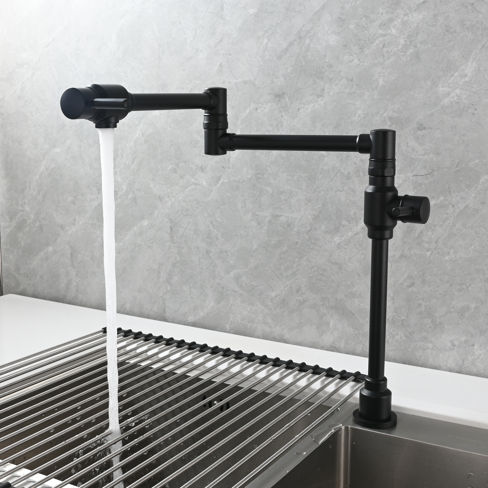 Tecmolog Brass Folding Deck Mount Pot Faucets Over Stove,Single Cold Kitchen Tap with Double Joint Swing Arms