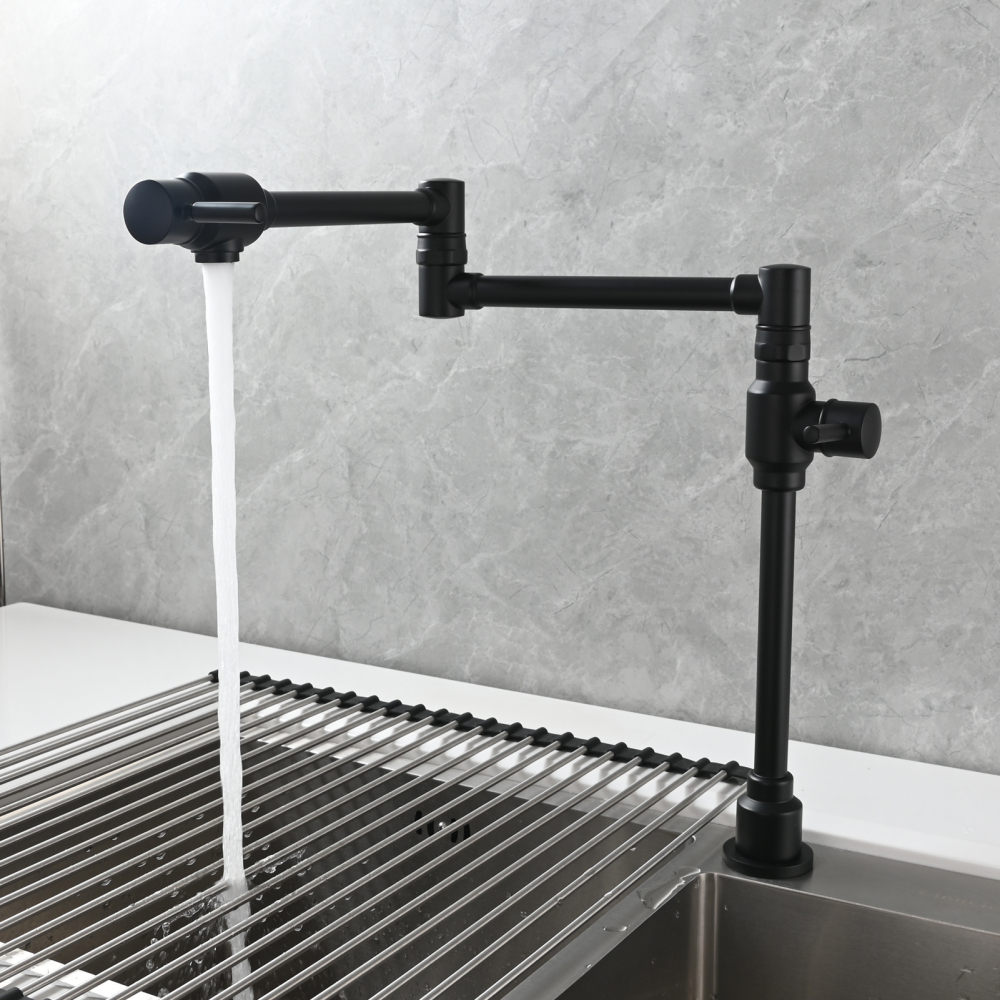 Tecmolog Brass Folding Deck Mount Pot Faucets Over Stove,Single Cold Kitchen Tap with Double Joint Swing Arms