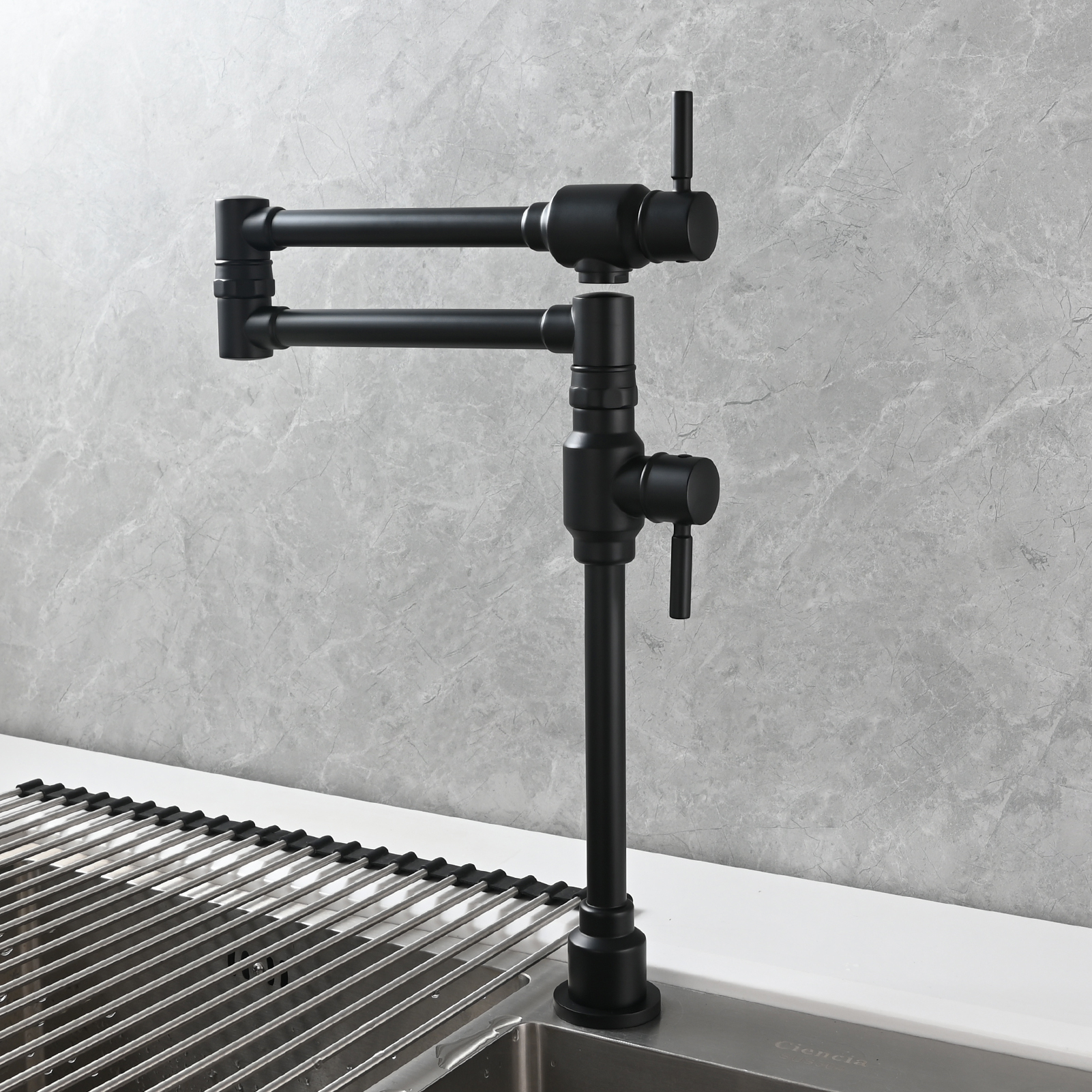 Tecmolog Brass Folding Deck Mount Pot Faucets Over Stove,Single Cold Kitchen Tap with Double Joint Swing Arms