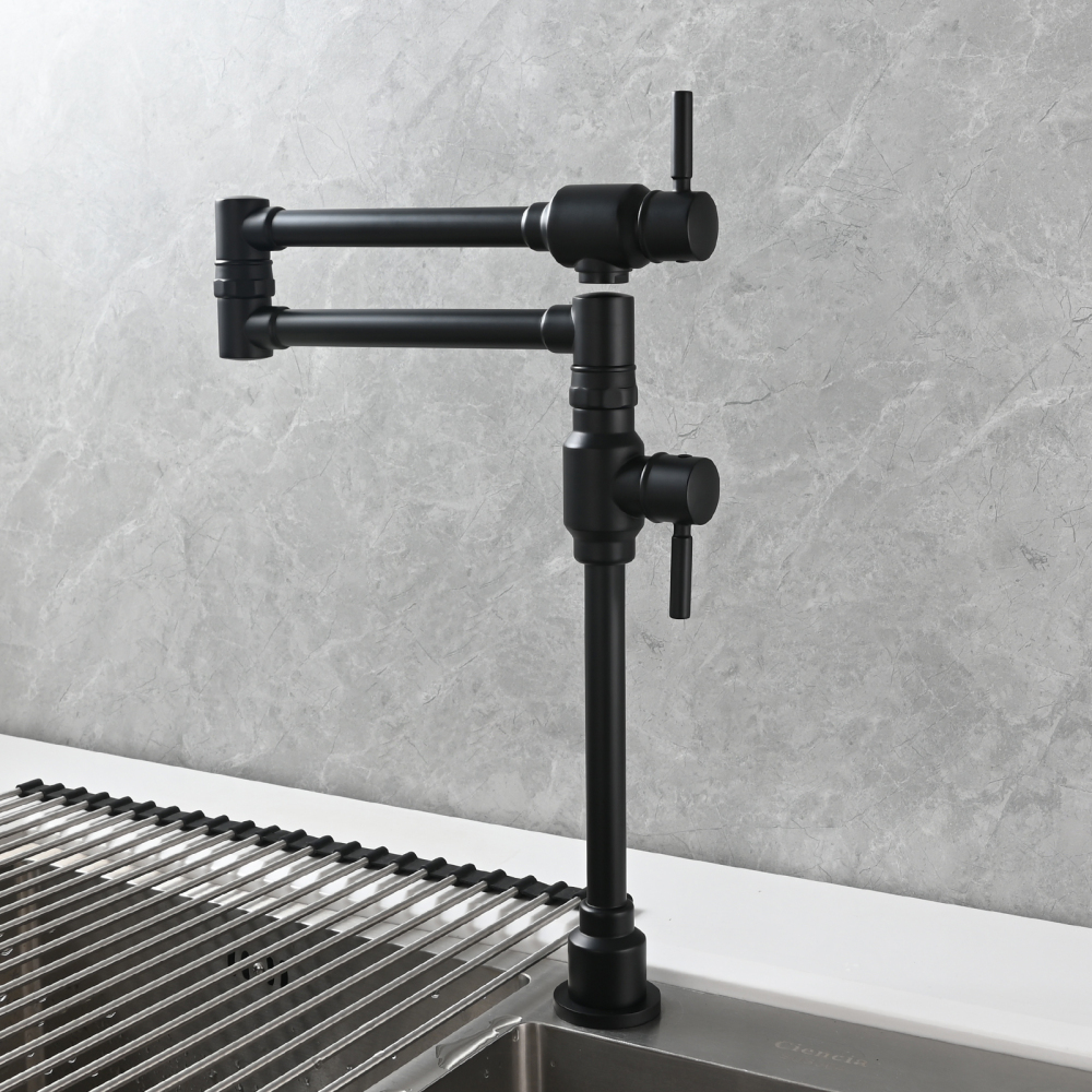 Tecmolog Brass Folding Deck Mount Pot Faucets Over Stove,Single Cold Kitchen Tap with Double Joint Swing Arms