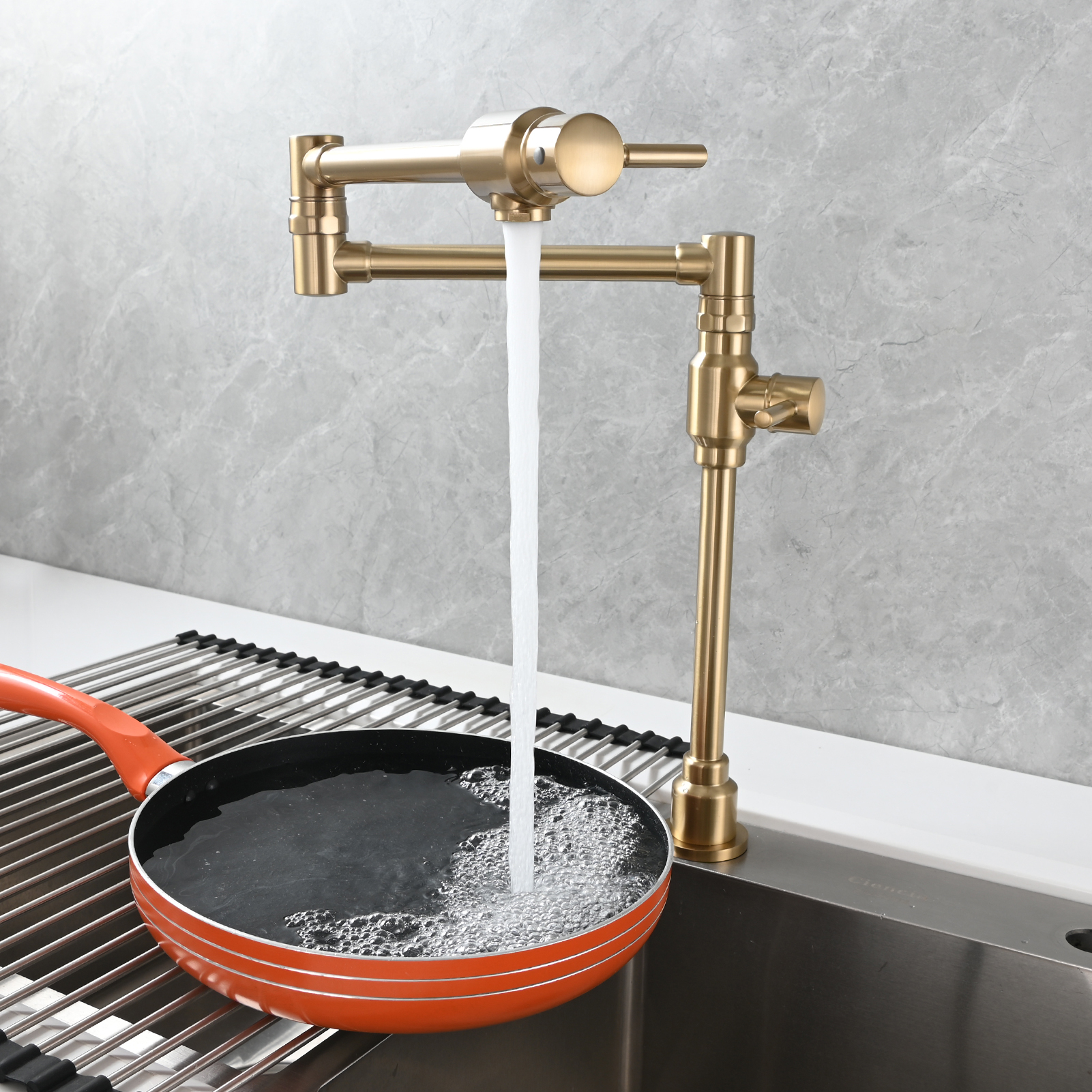 Tecmolog Brass Folding Deck Mount Pot Faucets Over Stove,Single Cold Kitchen Tap with Double Joint Swing Arms