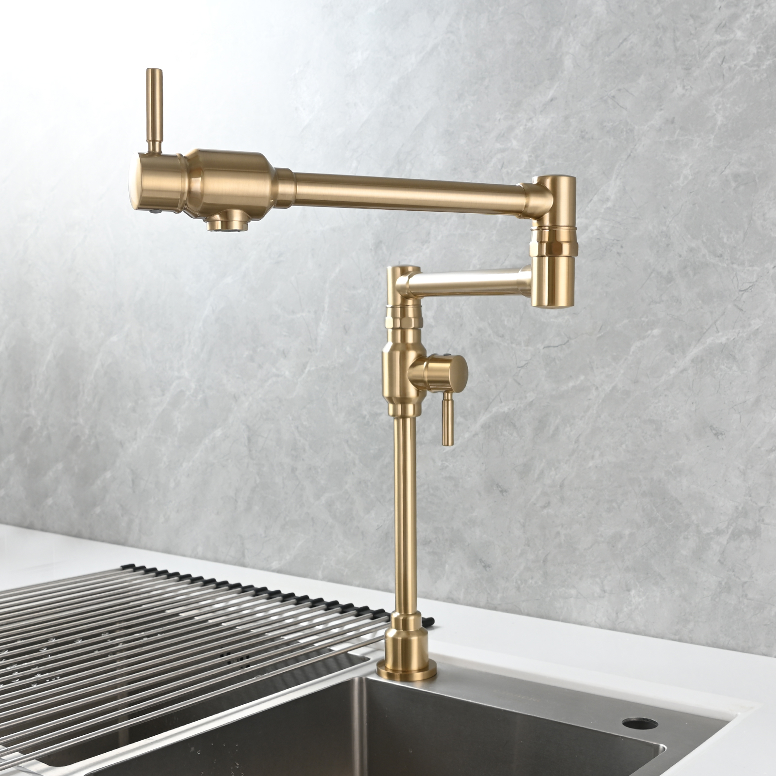 Tecmolog Brass Folding Deck Mount Pot Faucets Over Stove,Single Cold Kitchen Tap with Double Joint Swing Arms