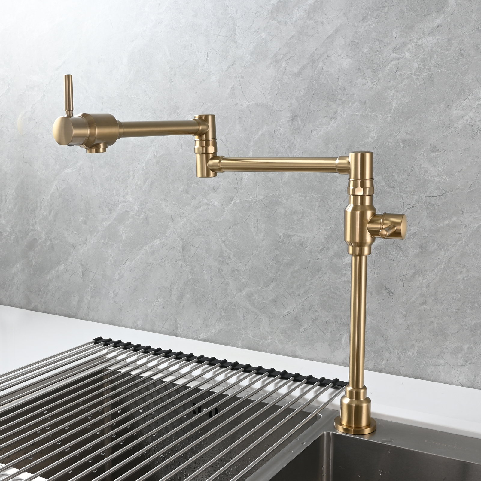 Tecmolog Brass Folding Deck Mount Pot Faucets Over Stove,Single Cold Kitchen Tap with Double Joint Swing Arms