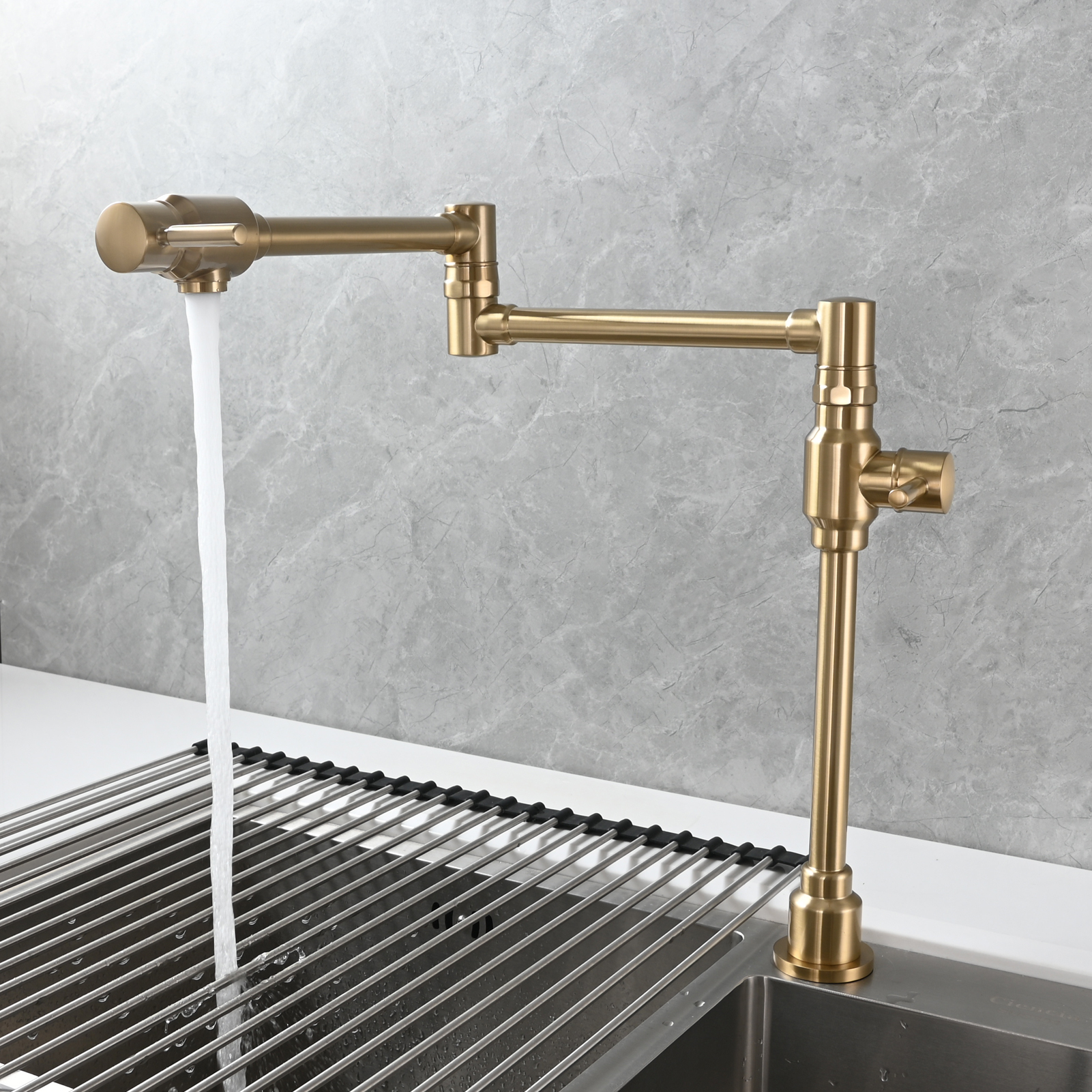 Tecmolog Brass Folding Deck Mount Pot Faucets Over Stove,Single Cold Kitchen Tap with Double Joint Swing Arms