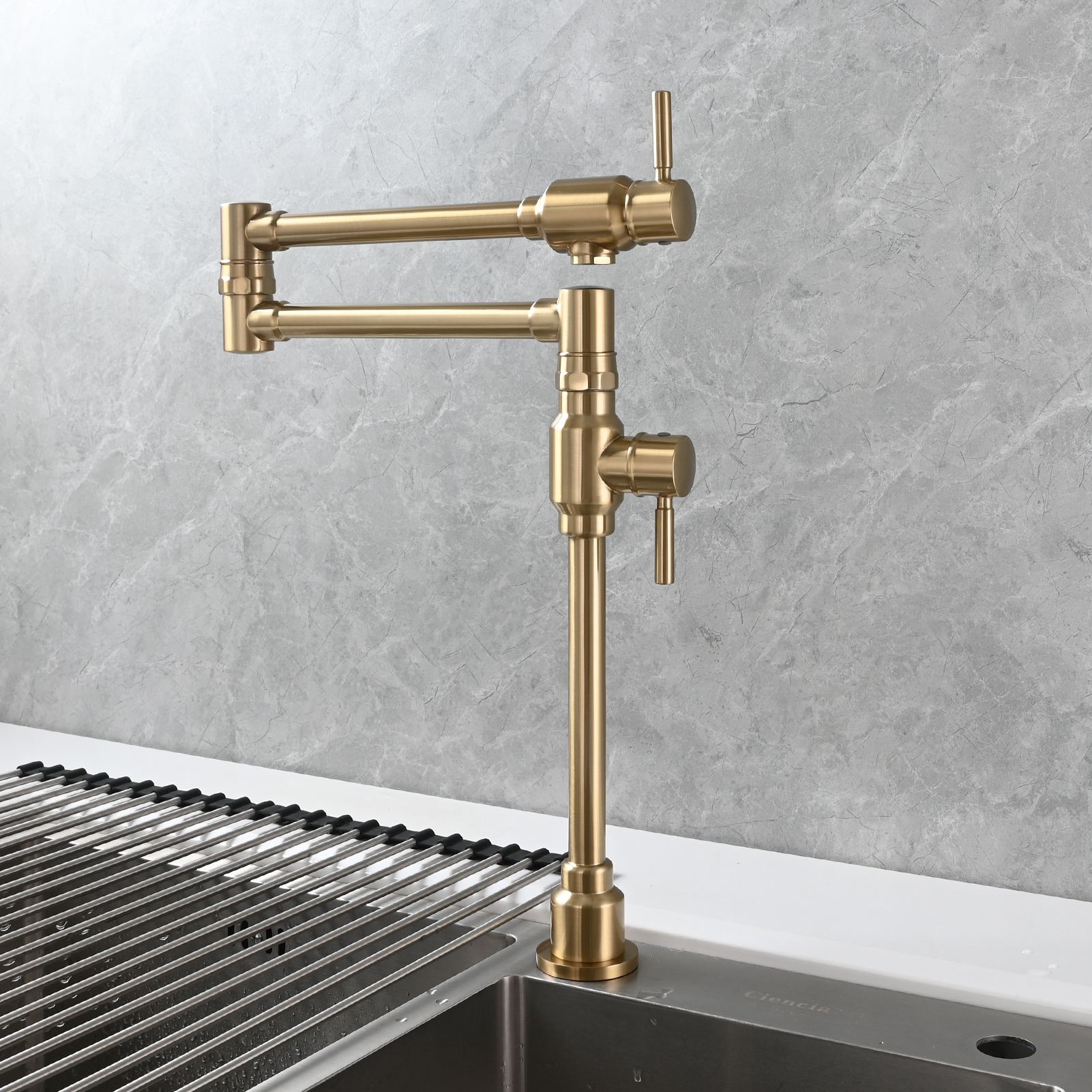 Tecmolog Brass Folding Deck Mount Pot Faucets Over Stove,Single Cold Kitchen Tap with Double Joint Swing Arms