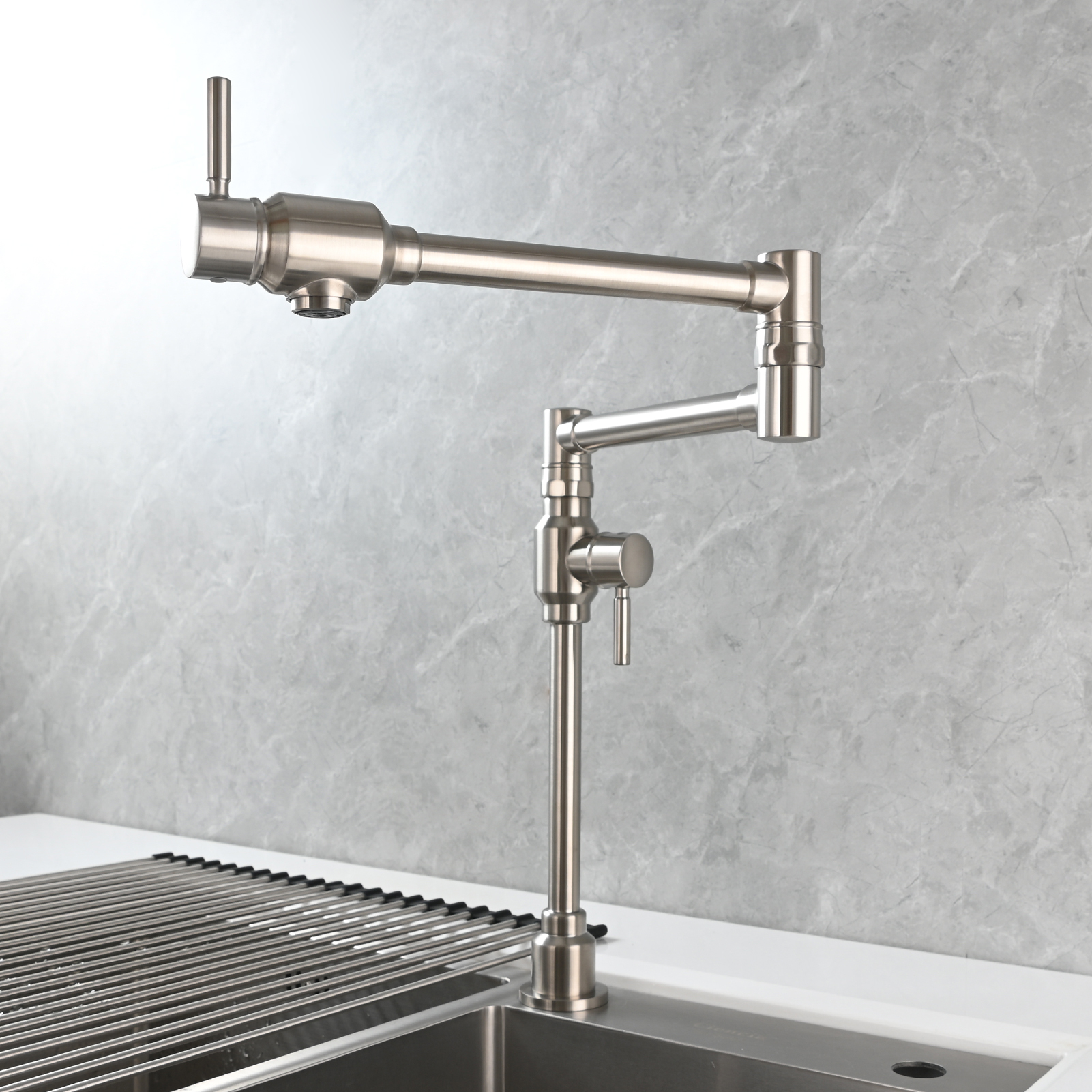 Tecmolog Brass Folding Deck Mount Pot Faucets Over Stove,Single Cold Kitchen Tap with Double Joint Swing Arms