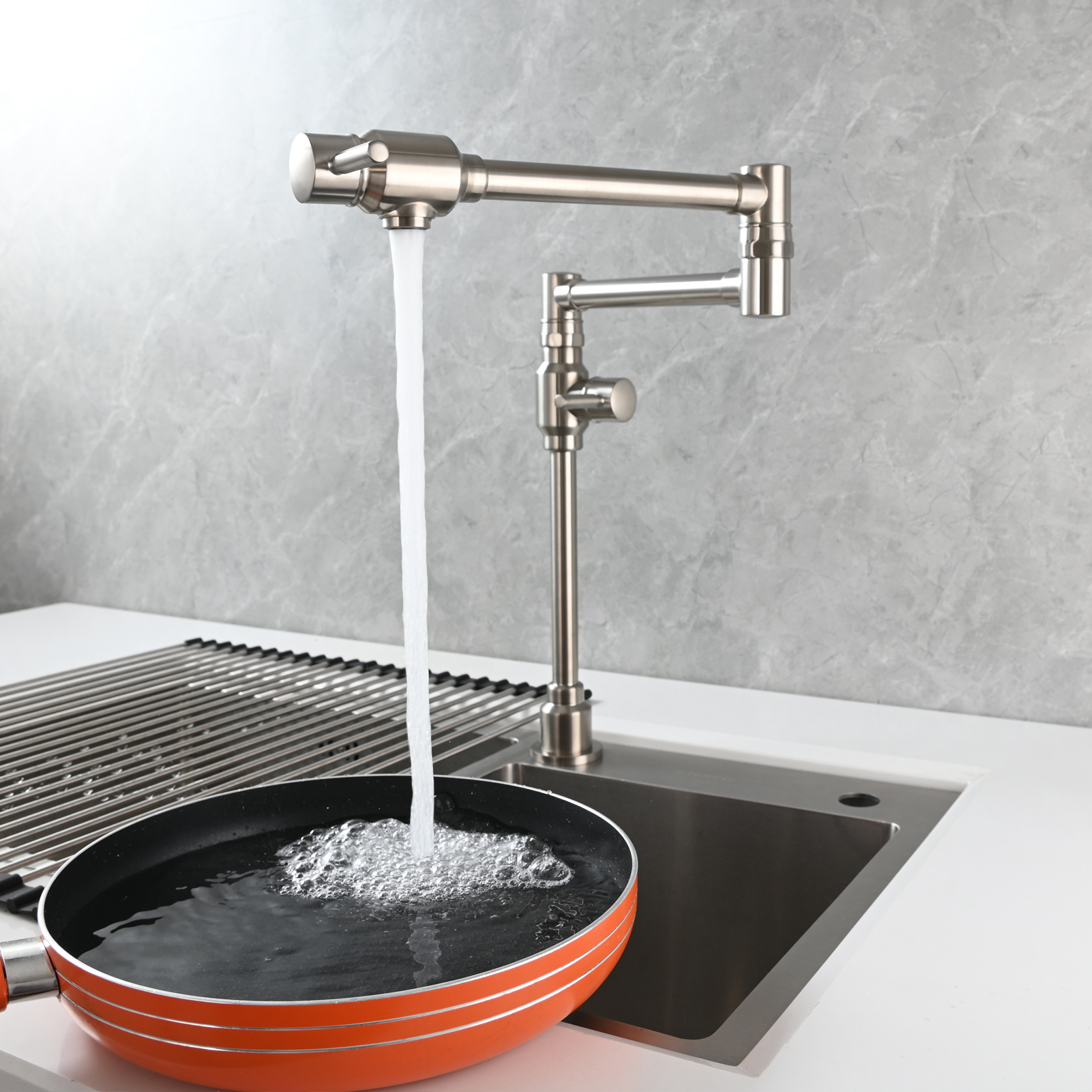 Tecmolog Brass Folding Deck Mount Pot Faucets Over Stove,Single Cold Kitchen Tap with Double Joint Swing Arms