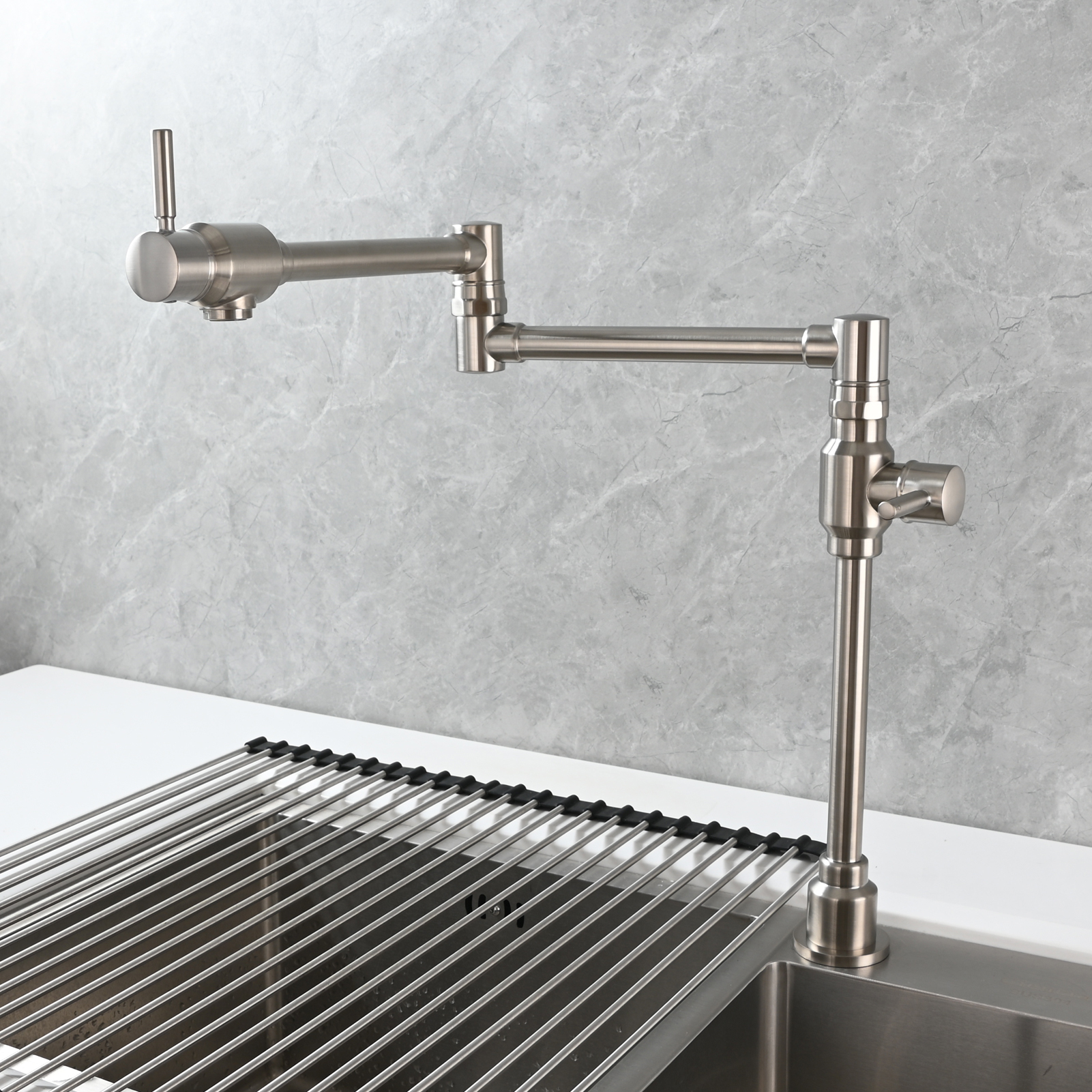 Tecmolog Brass Folding Deck Mount Pot Faucets Over Stove,Single Cold Kitchen Tap with Double Joint Swing Arms