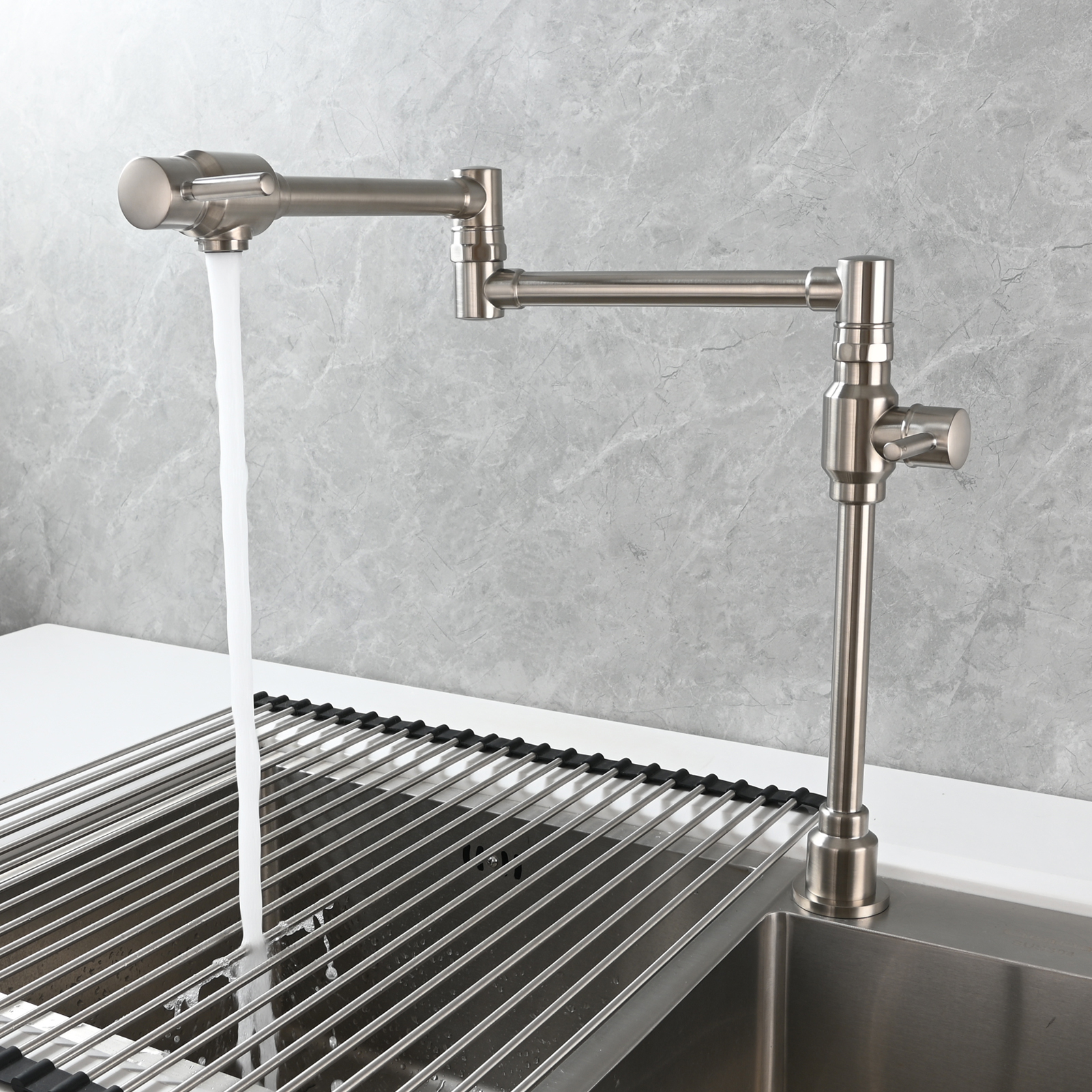 Tecmolog Brass Folding Deck Mount Pot Faucets Over Stove,Single Cold Kitchen Tap with Double Joint Swing Arms