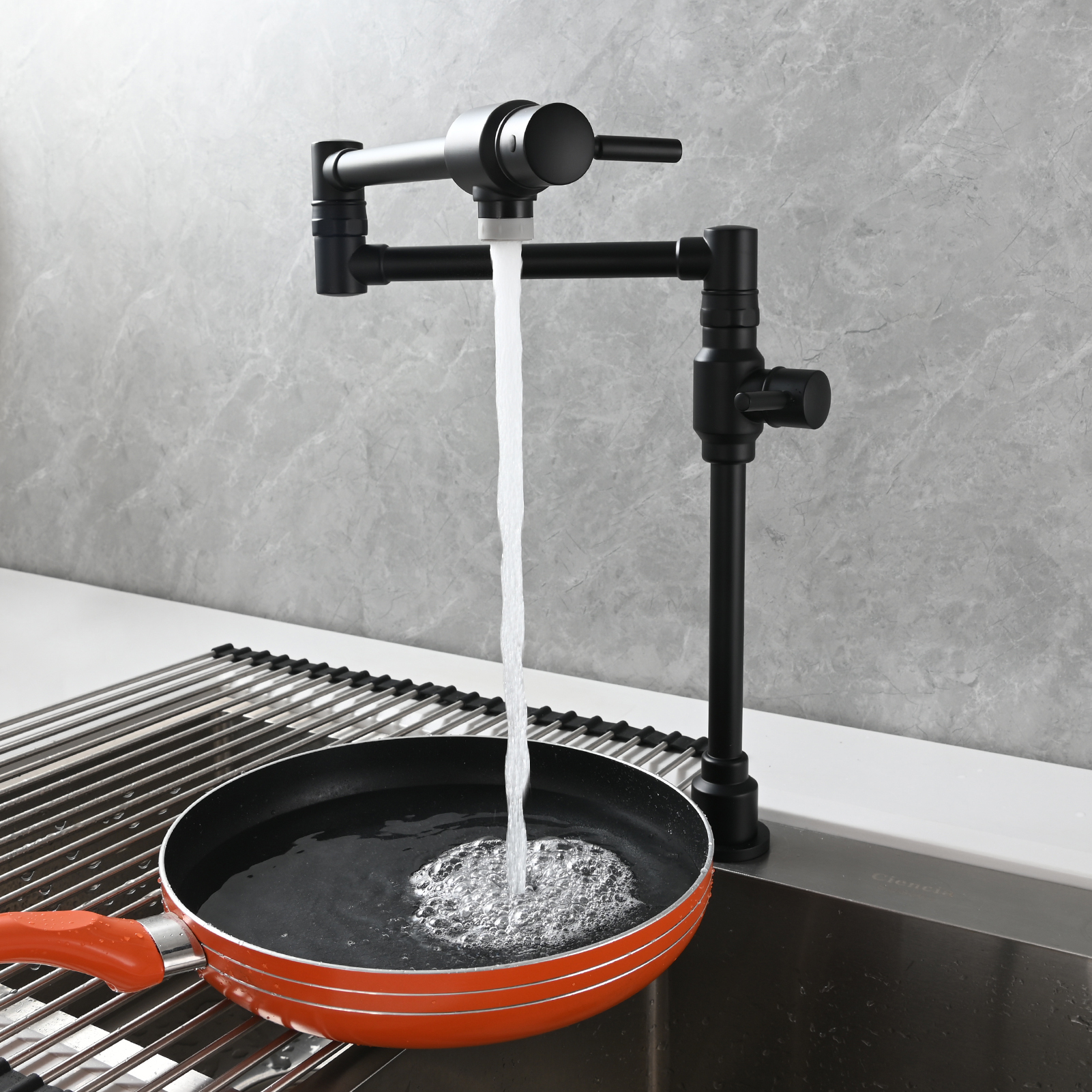 Tecmolog Brass Folding Deck Mount Pot Faucets Over Stove,Single Cold Kitchen Tap with Double Joint Swing Arms