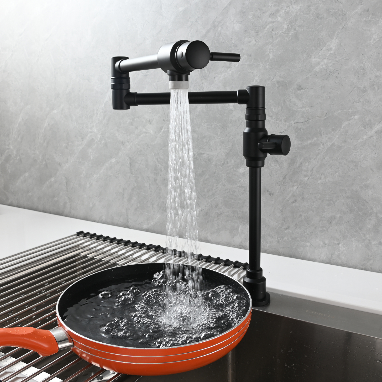 Tecmolog Brass Folding Deck Mount Pot Faucets Over Stove,Single Cold Kitchen Tap with Double Joint Swing Arms