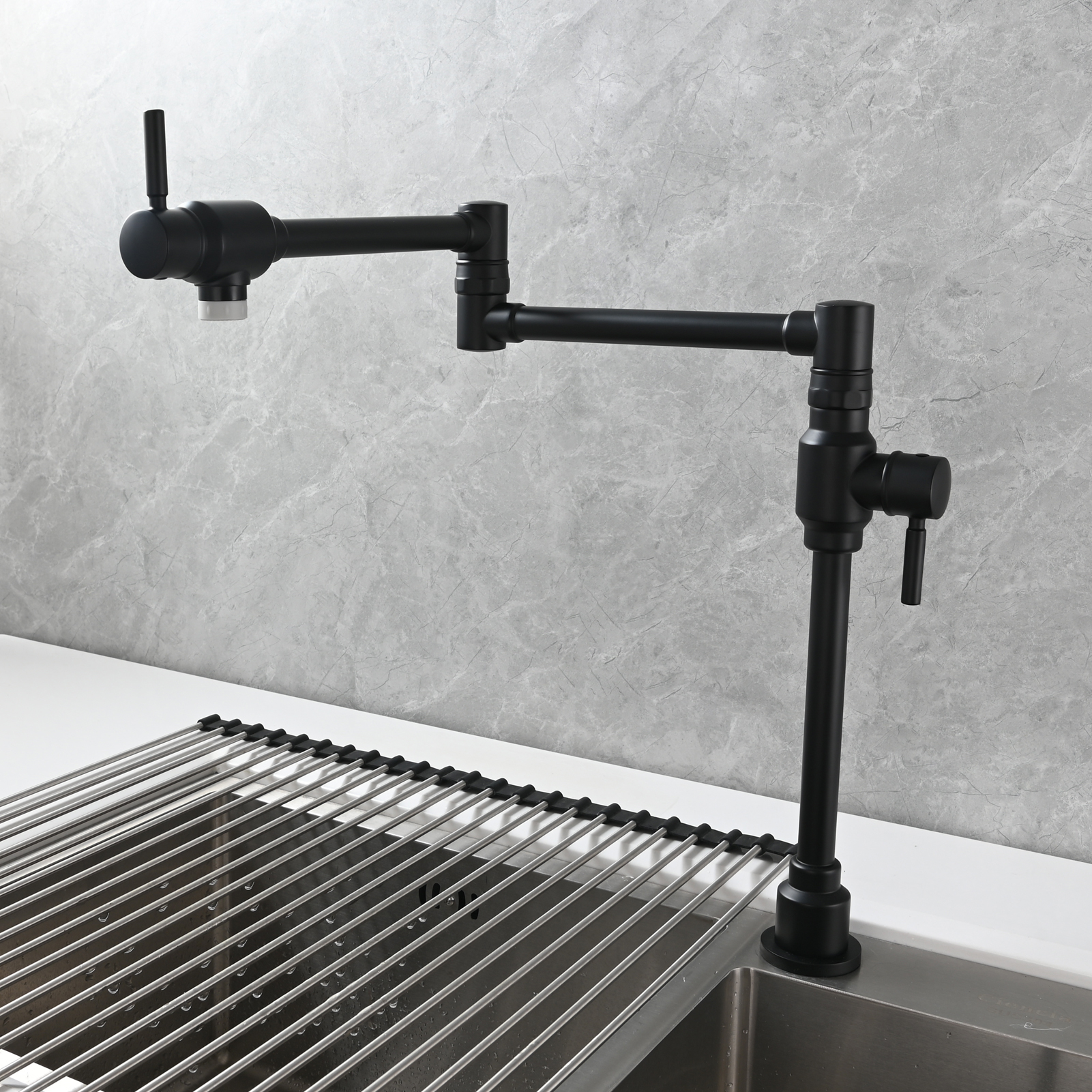 Tecmolog Brass Folding Deck Mount Pot Faucets Over Stove,Single Cold Kitchen Tap with Double Joint Swing Arms