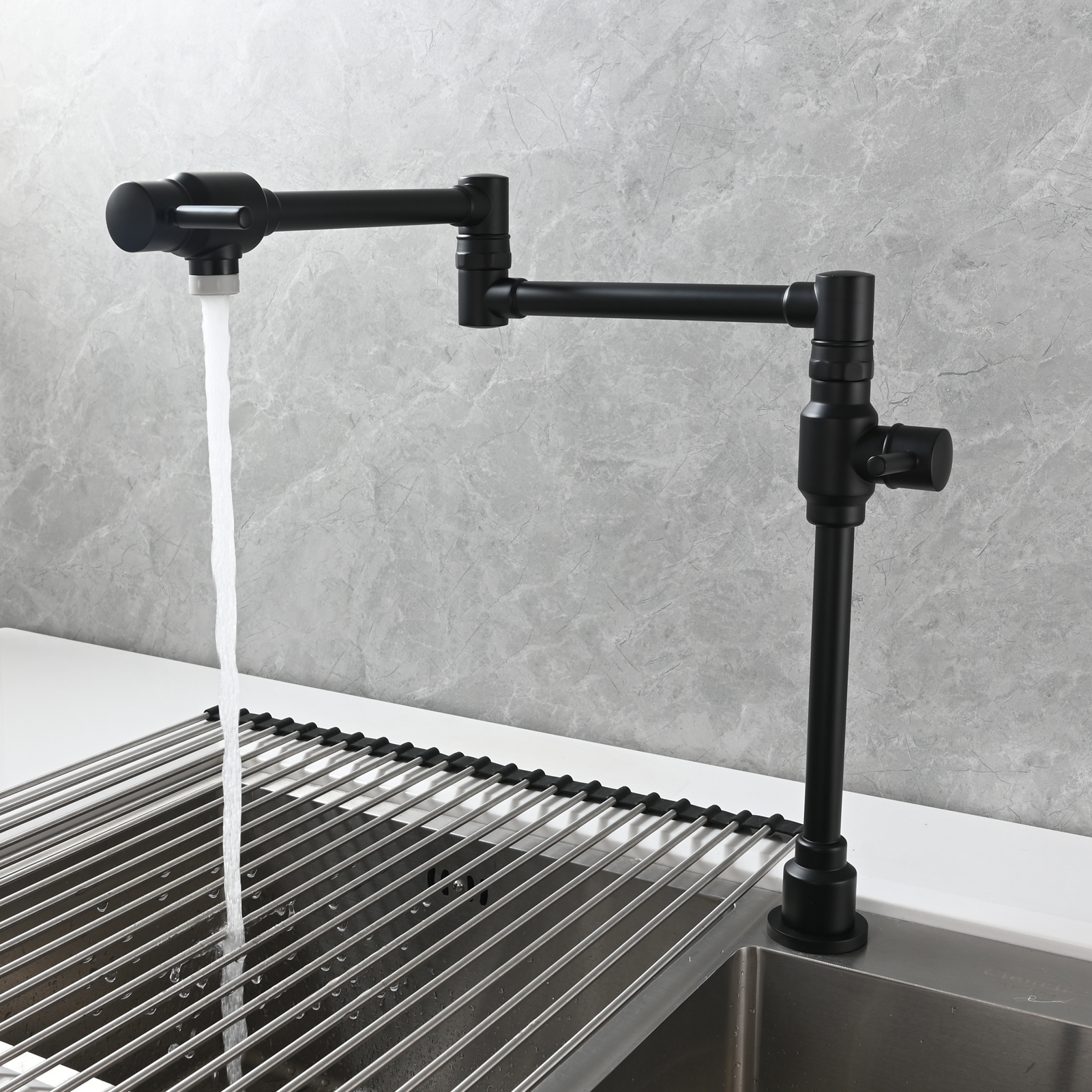 Tecmolog Brass Folding Deck Mount Pot Faucets Over Stove,Single Cold Kitchen Tap with Double Joint Swing Arms