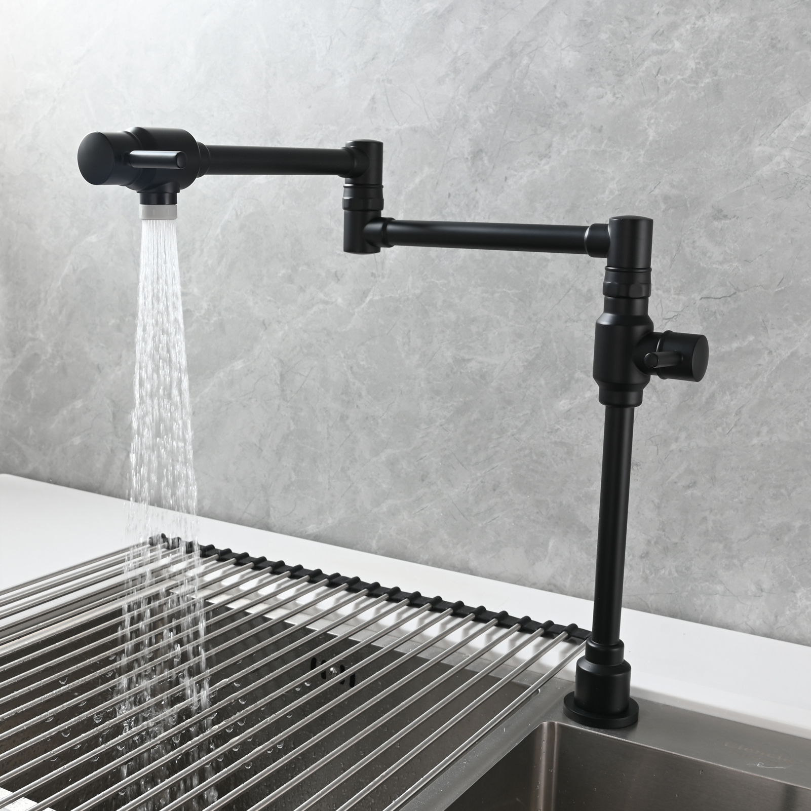 Tecmolog Brass Folding Deck Mount Pot Faucets Over Stove,Single Cold Kitchen Tap with Double Joint Swing Arms