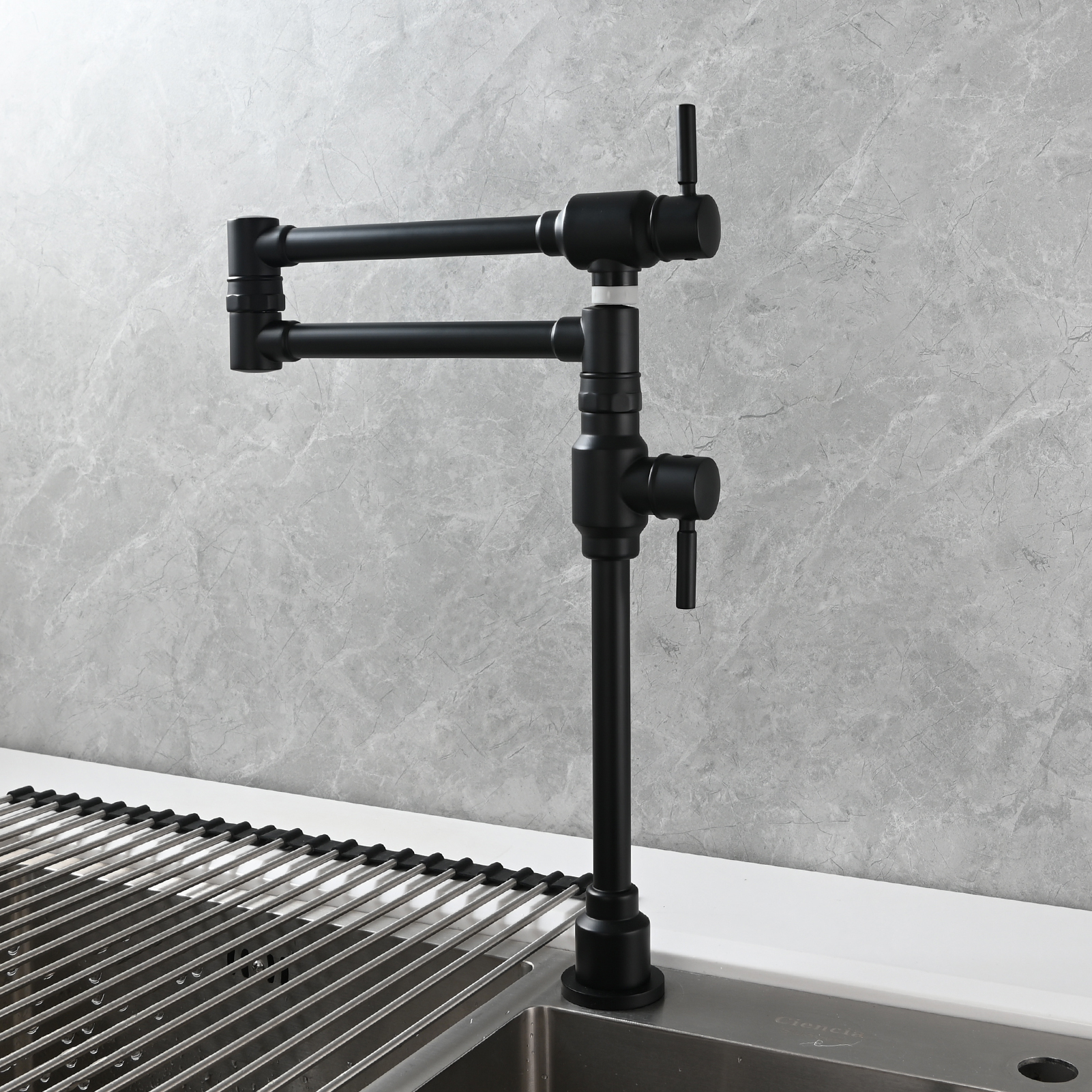 Tecmolog Brass Folding Deck Mount Pot Faucets Over Stove,Single Cold Kitchen Tap with Double Joint Swing Arms