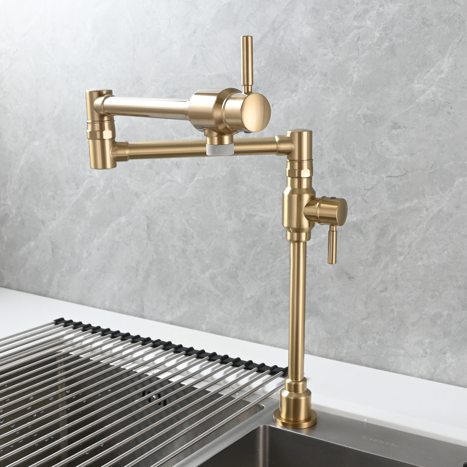 Tecmolog Brass Folding Deck Mount Pot Faucets Over Stove,Single Cold Kitchen Tap with Double Joint Swing Arms