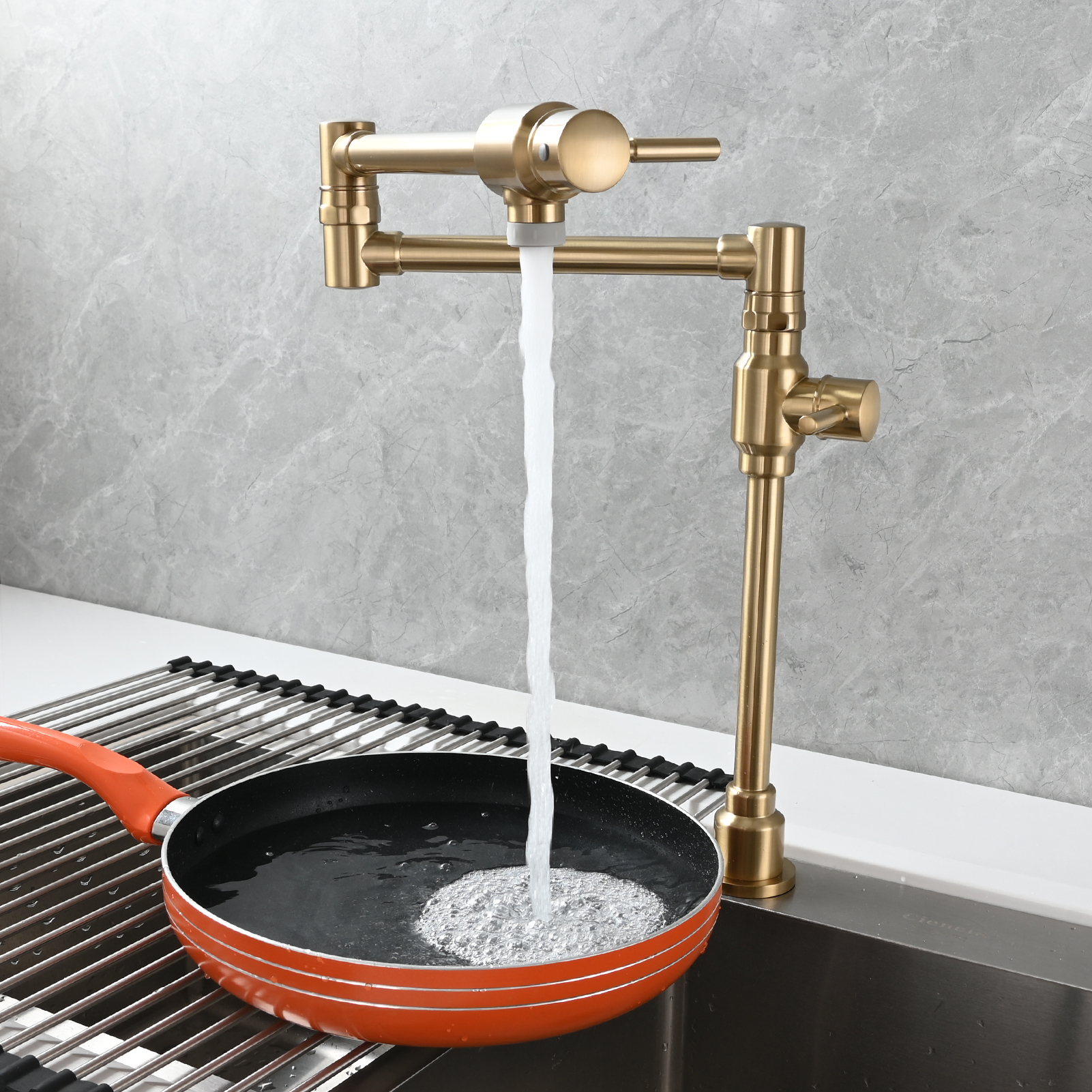 Tecmolog Brass Folding Deck Mount Pot Faucets Over Stove,Single Cold Kitchen Tap with Double Joint Swing Arms