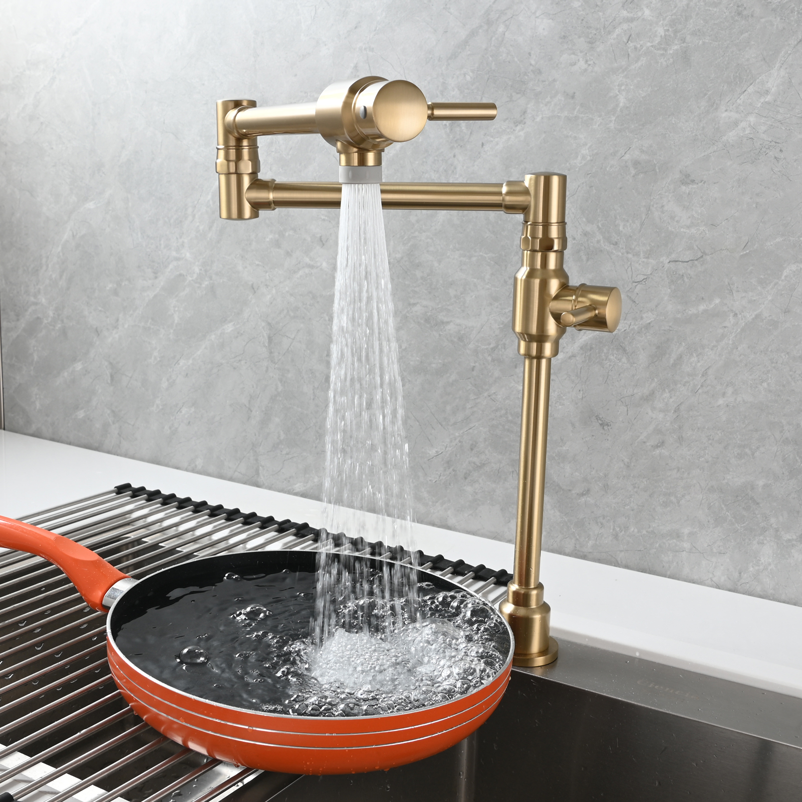 Tecmolog Brass Folding Deck Mount Pot Faucets Over Stove,Single Cold Kitchen Tap with Double Joint Swing Arms