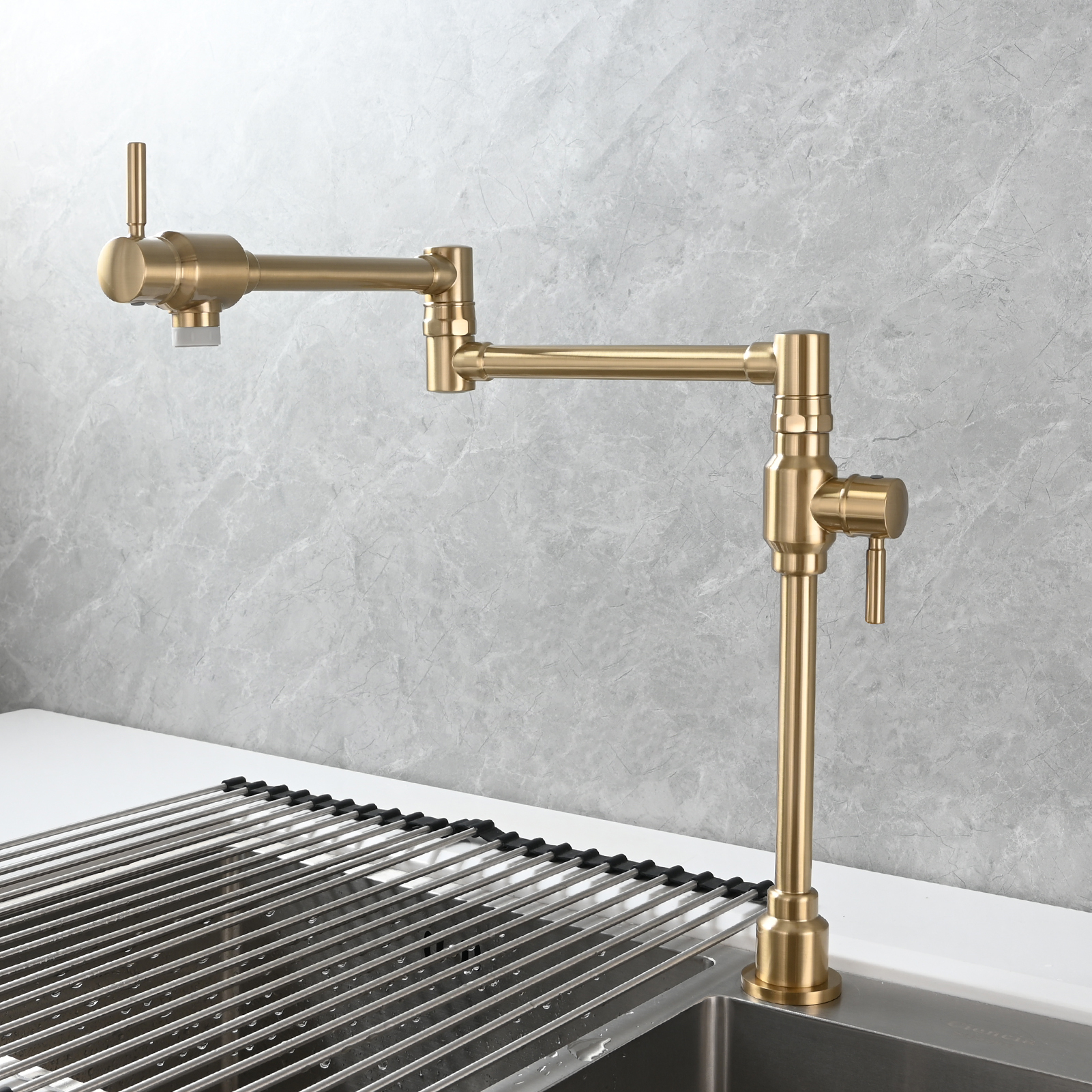 Tecmolog Brass Folding Deck Mount Pot Faucets Over Stove,Single Cold Kitchen Tap with Double Joint Swing Arms