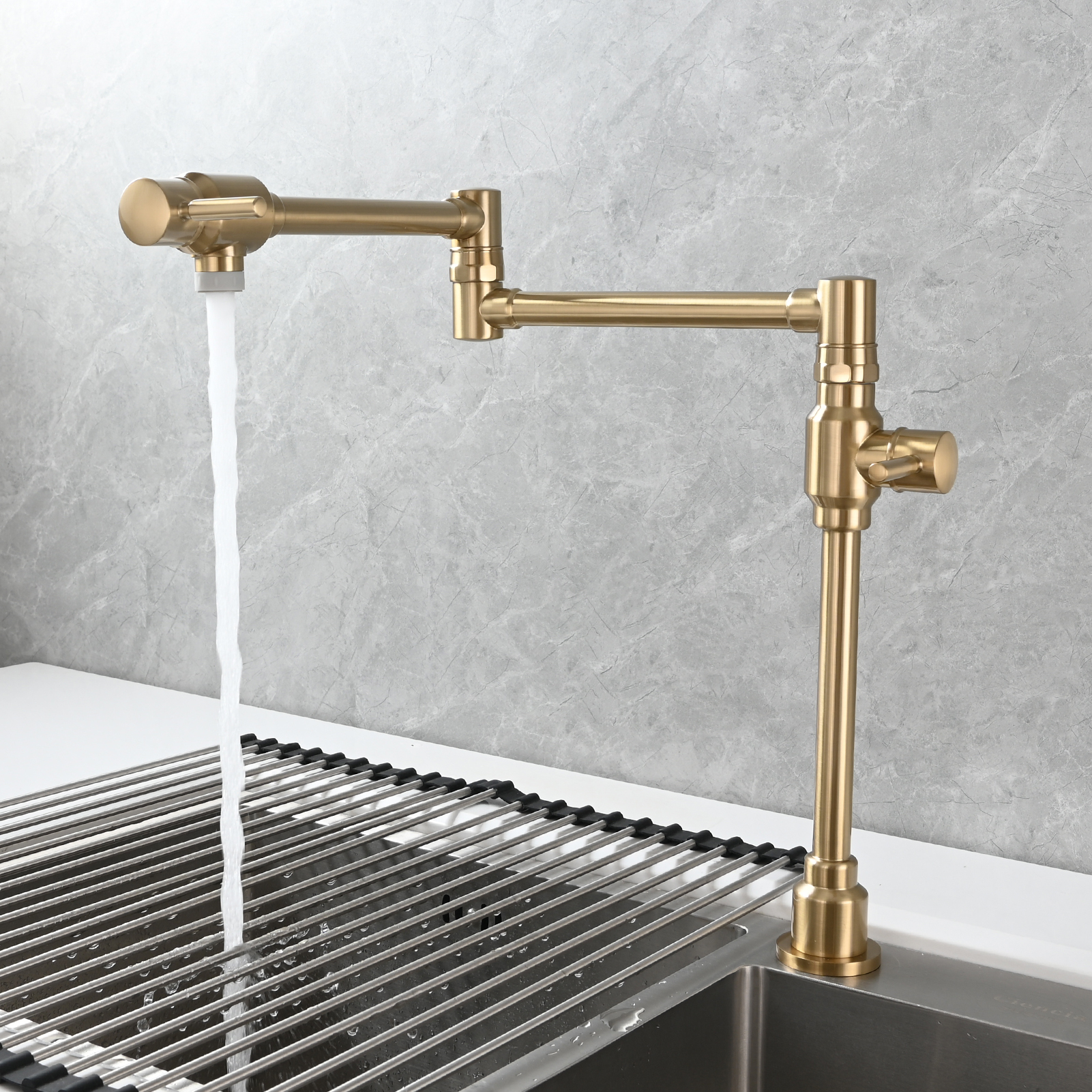 Tecmolog Brass Folding Deck Mount Pot Faucets Over Stove,Single Cold Kitchen Tap with Double Joint Swing Arms