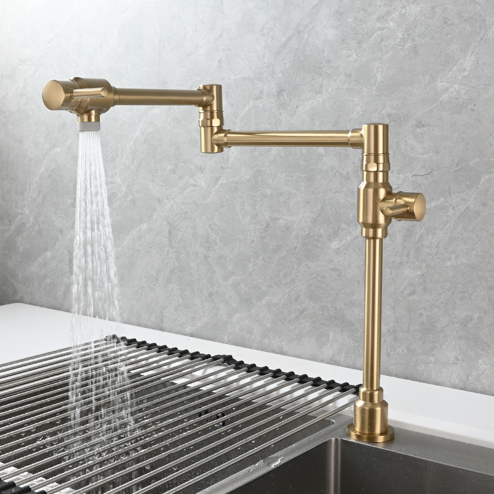 Tecmolog Brass Folding Deck Mount Pot Faucets Over Stove,Single Cold Kitchen Tap with Double Joint Swing Arms