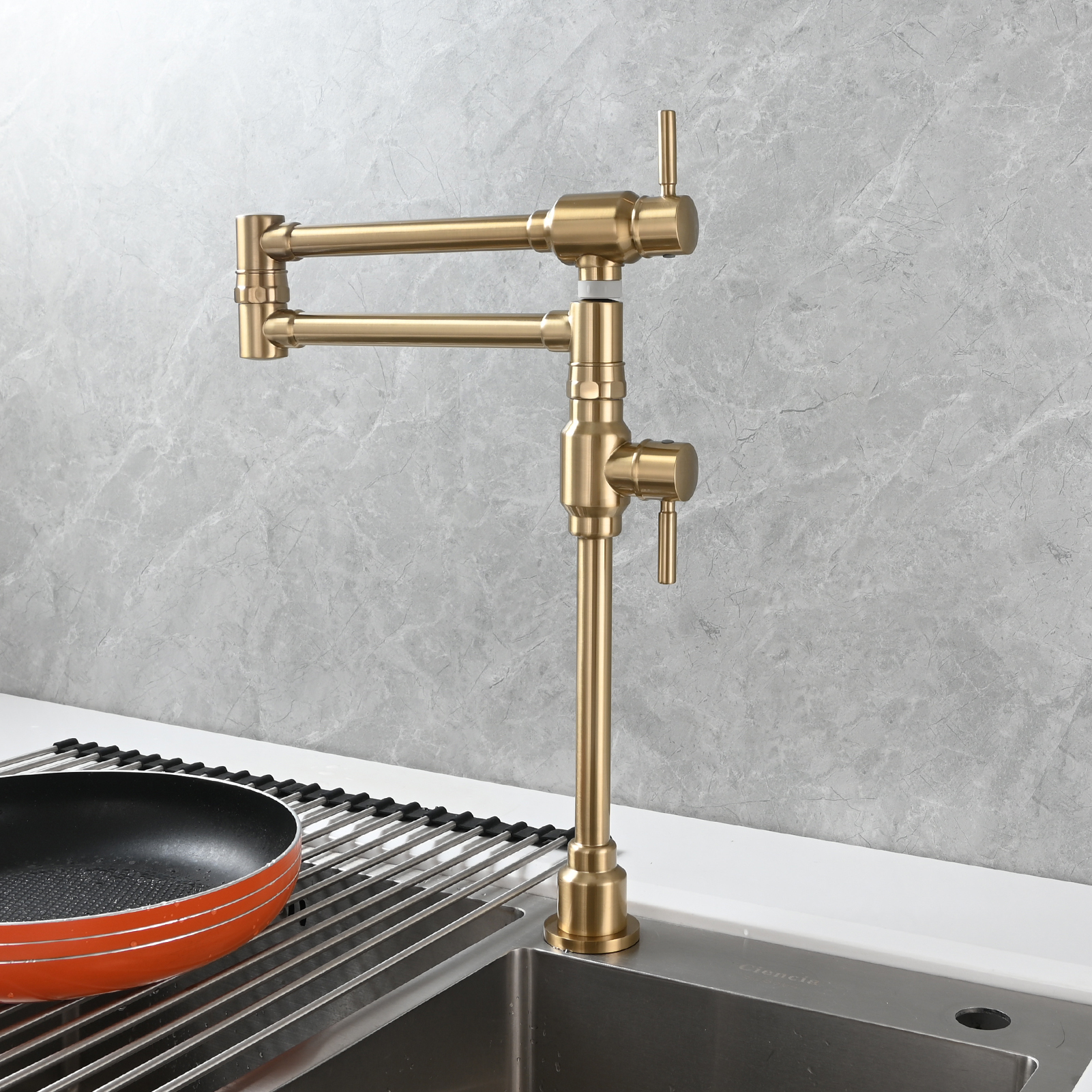 Tecmolog Brass Folding Deck Mount Pot Faucets Over Stove,Single Cold Kitchen Tap with Double Joint Swing Arms