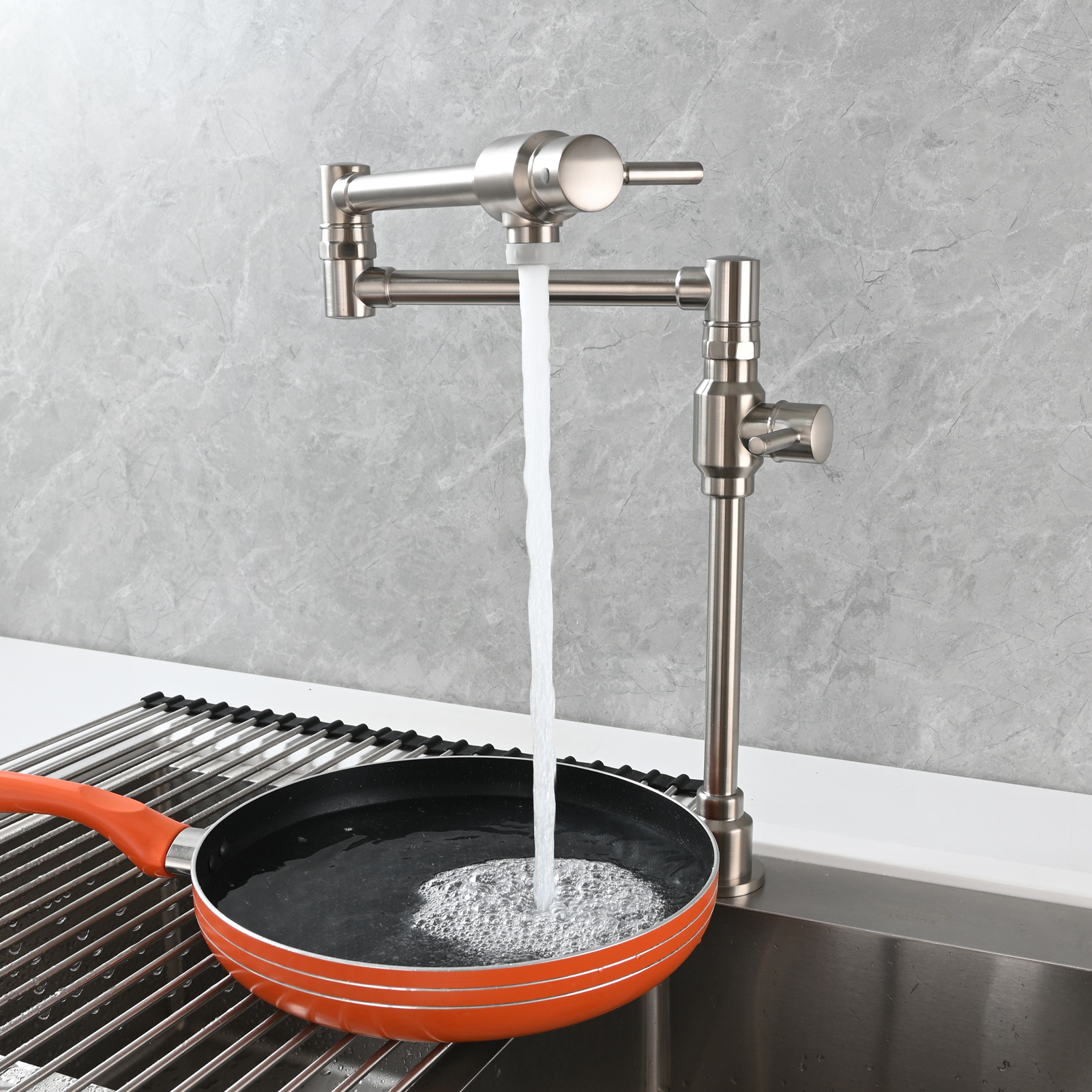 Tecmolog Brass Folding Deck Mount Pot Faucets Over Stove,Single Cold Kitchen Tap with Double Joint Swing Arms