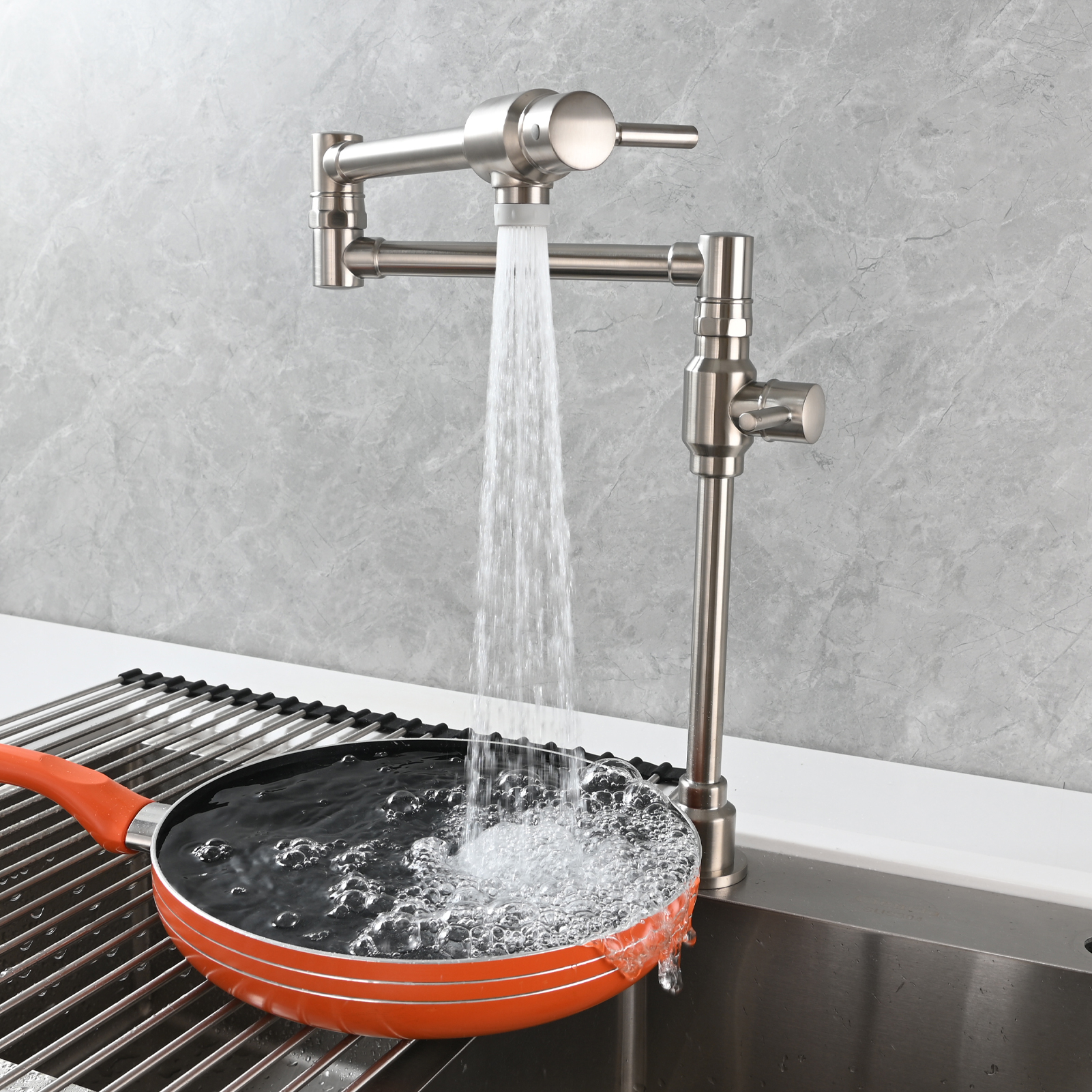 Tecmolog Brass Folding Deck Mount Pot Faucets Over Stove,Single Cold Kitchen Tap with Double Joint Swing Arms