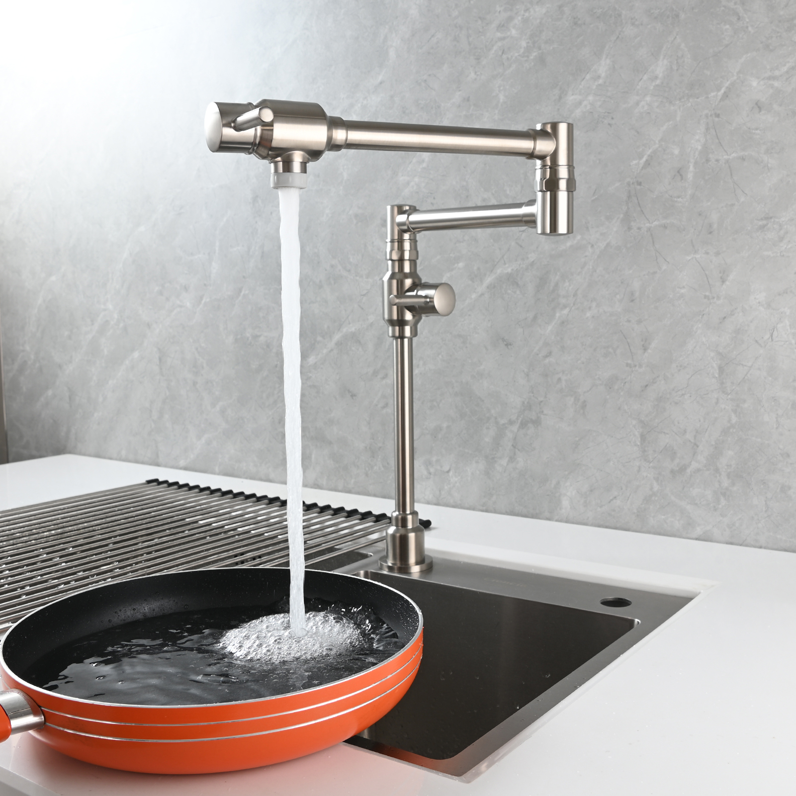 Tecmolog Brass Folding Deck Mount Pot Faucets Over Stove,Single Cold Kitchen Tap with Double Joint Swing Arms