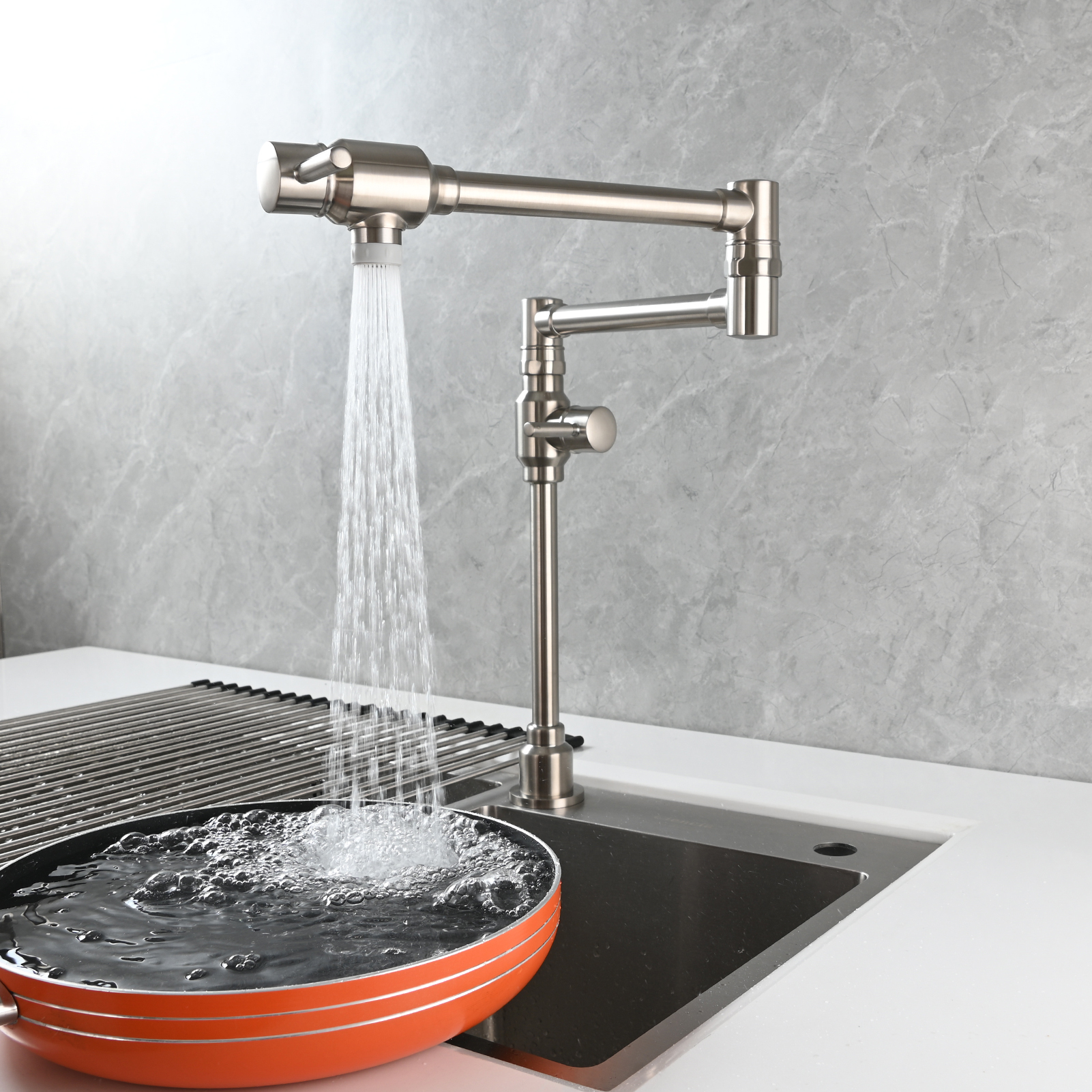 Tecmolog Brass Folding Deck Mount Pot Faucets Over Stove,Single Cold Kitchen Tap with Double Joint Swing Arms
