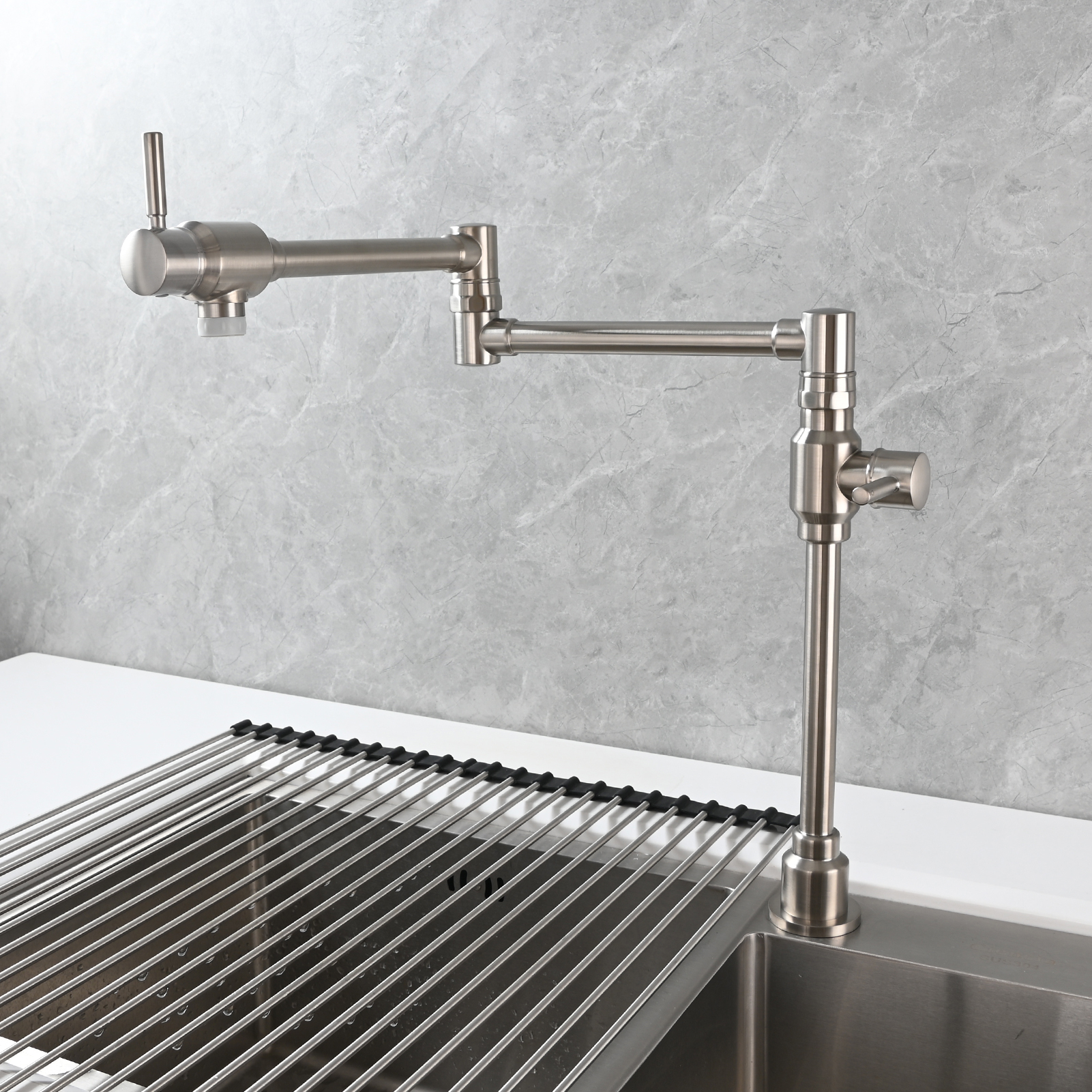 Tecmolog Brass Folding Deck Mount Pot Faucets Over Stove,Single Cold Kitchen Tap with Double Joint Swing Arms