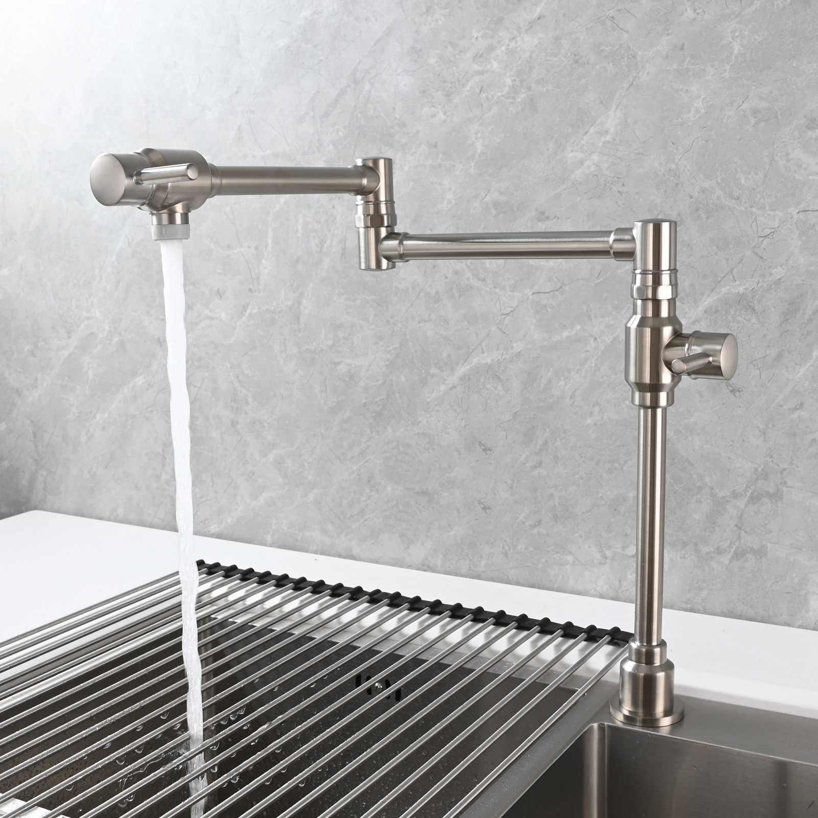 Tecmolog Brass Folding Deck Mount Pot Faucets Over Stove,Single Cold Kitchen Tap with Double Joint Swing Arms