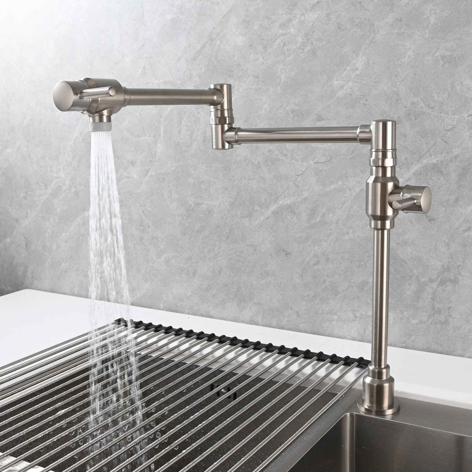 Tecmolog Brass Folding Deck Mount Pot Faucets Over Stove,Single Cold Kitchen Tap with Double Joint Swing Arms