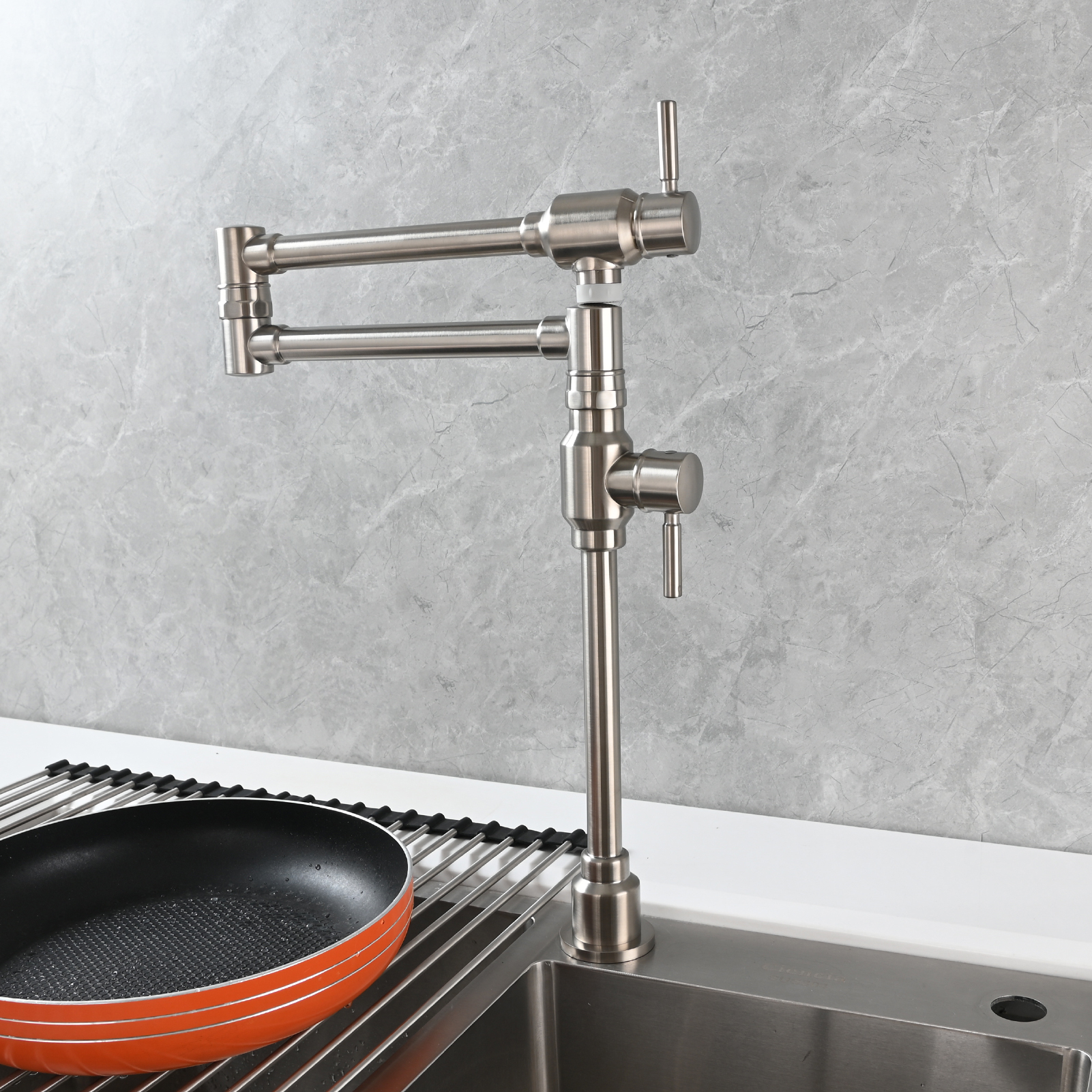 Tecmolog Brass Folding Deck Mount Pot Faucets Over Stove,Single Cold Kitchen Tap with Double Joint Swing Arms