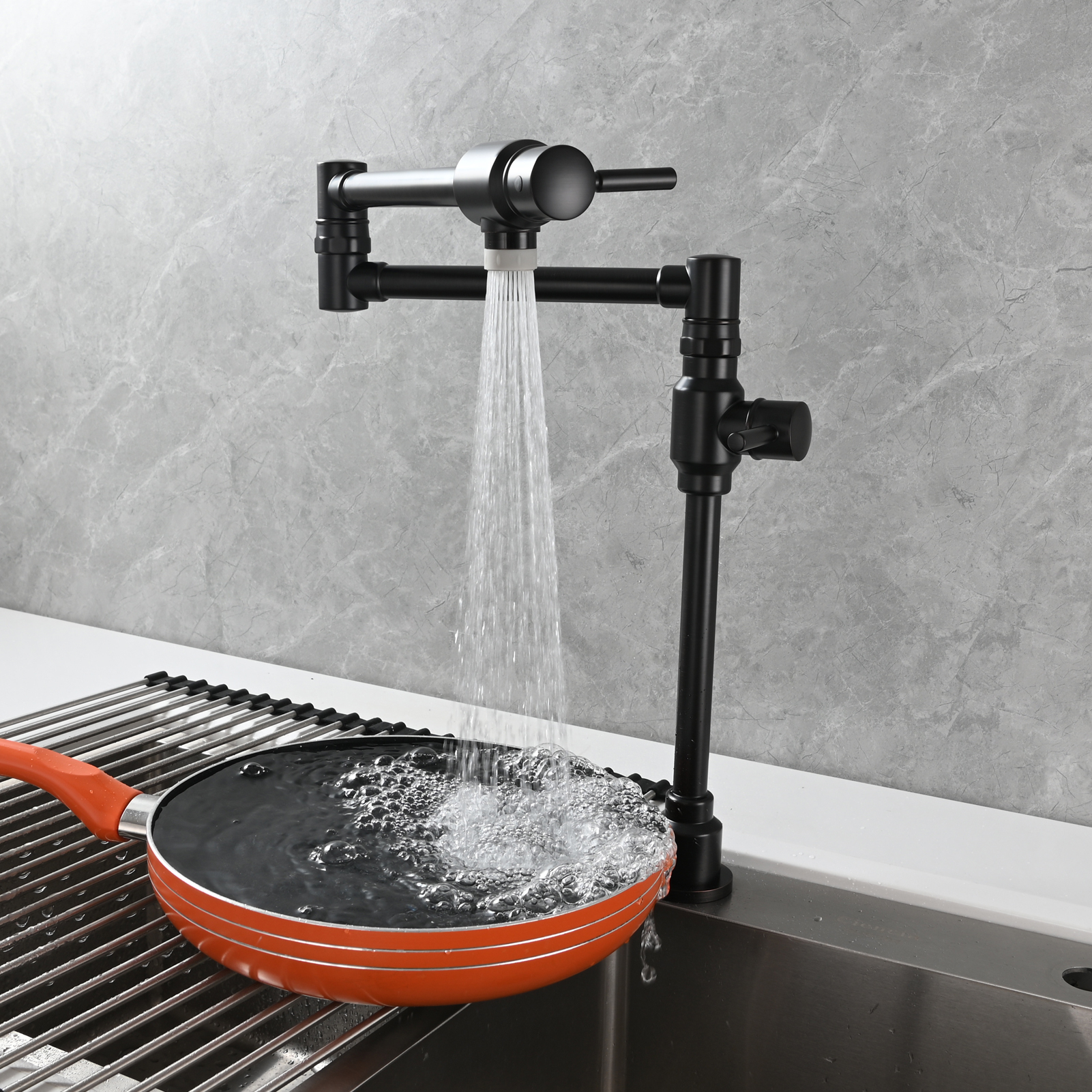 Tecmolog Brass Folding Deck Mount Pot Faucets Over Stove,Single Cold Kitchen Tap with Double Joint Swing Arms