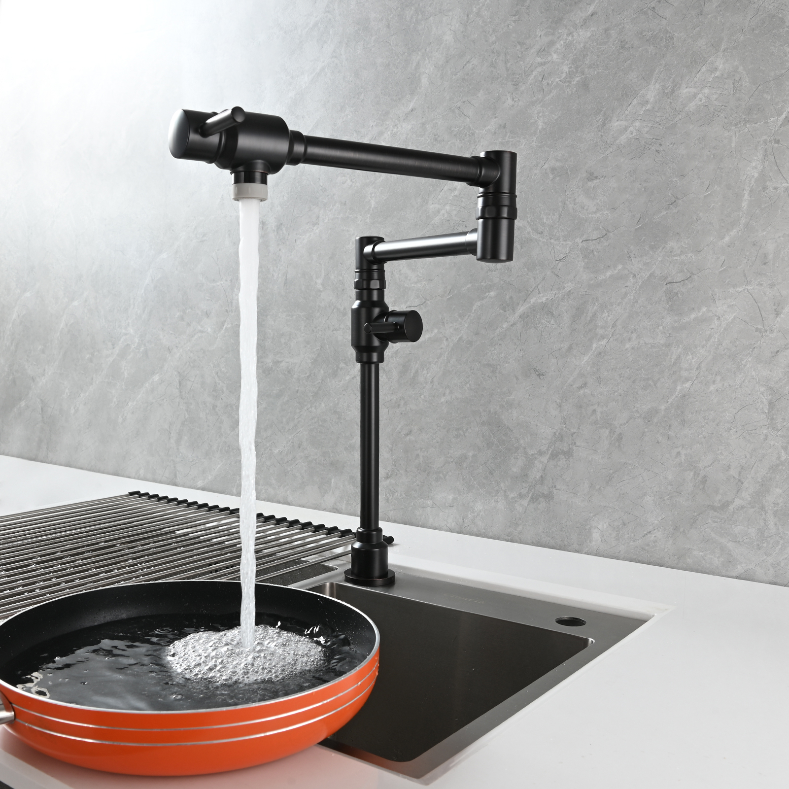 Tecmolog Brass Folding Deck Mount Pot Faucets Over Stove,Single Cold Kitchen Tap with Double Joint Swing Arms