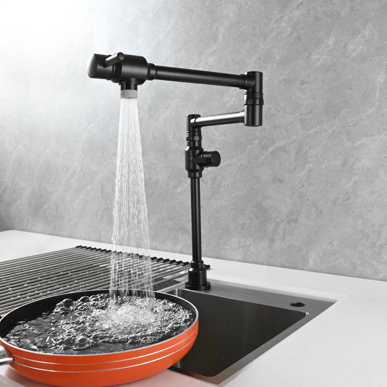 Tecmolog Brass Folding Deck Mount Pot Faucets Over Stove,Single Cold Kitchen Tap with Double Joint Swing Arms
