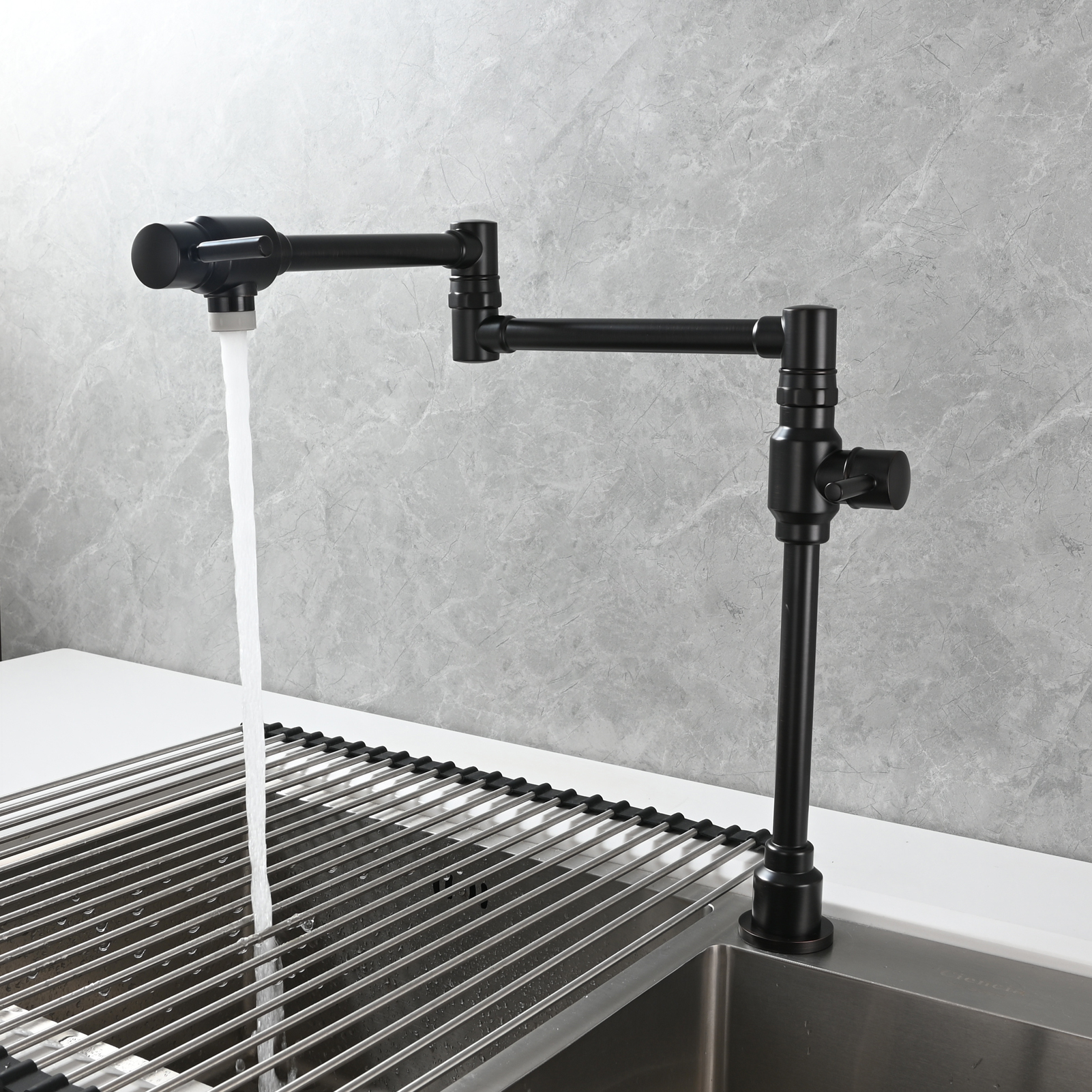 Tecmolog Brass Folding Deck Mount Pot Faucets Over Stove,Single Cold Kitchen Tap with Double Joint Swing Arms