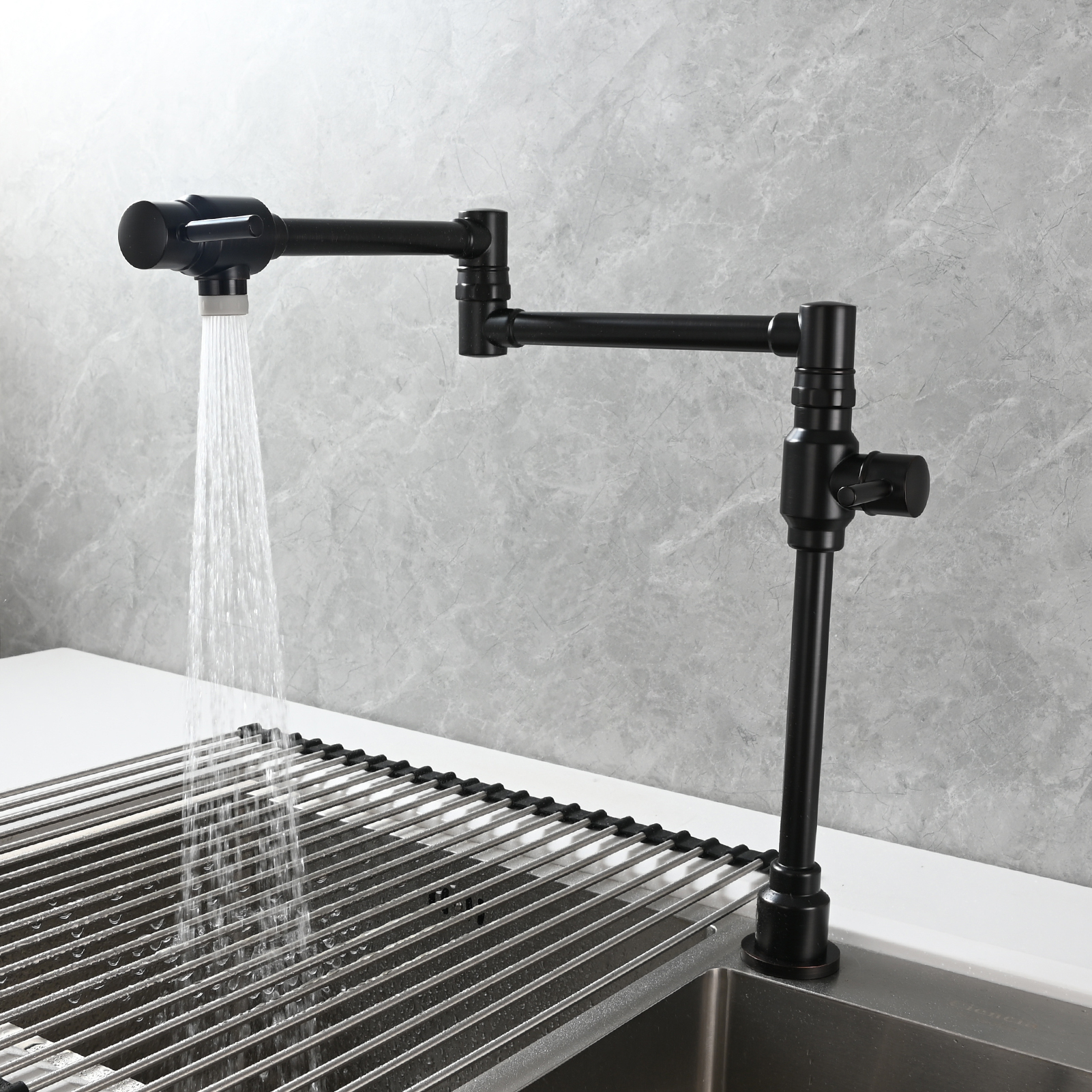 Tecmolog Brass Folding Deck Mount Pot Faucets Over Stove,Single Cold Kitchen Tap with Double Joint Swing Arms