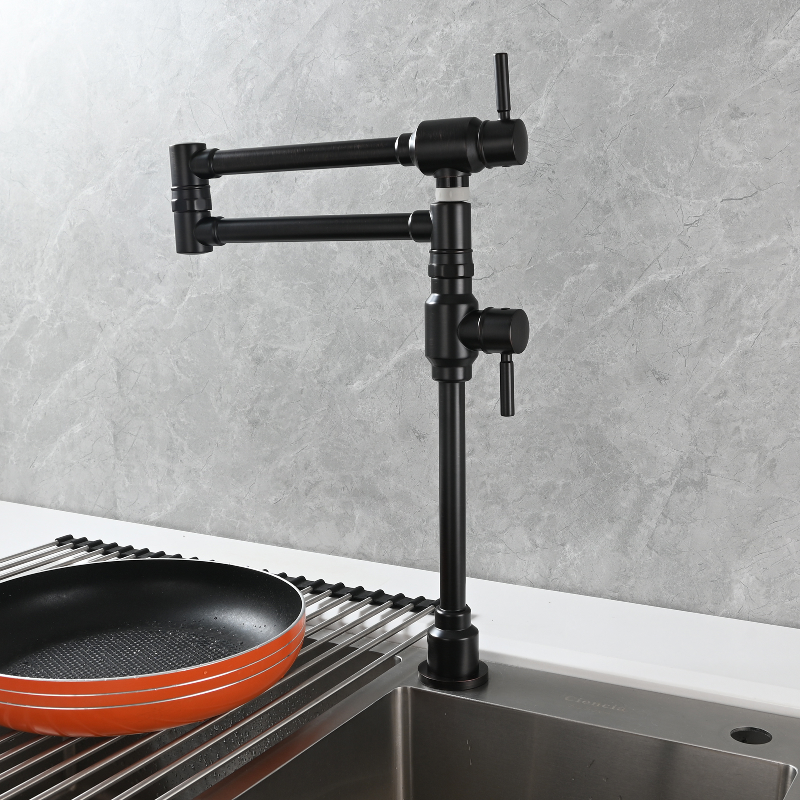 Tecmolog Brass Folding Deck Mount Pot Faucets Over Stove,Single Cold Kitchen Tap with Double Joint Swing Arms