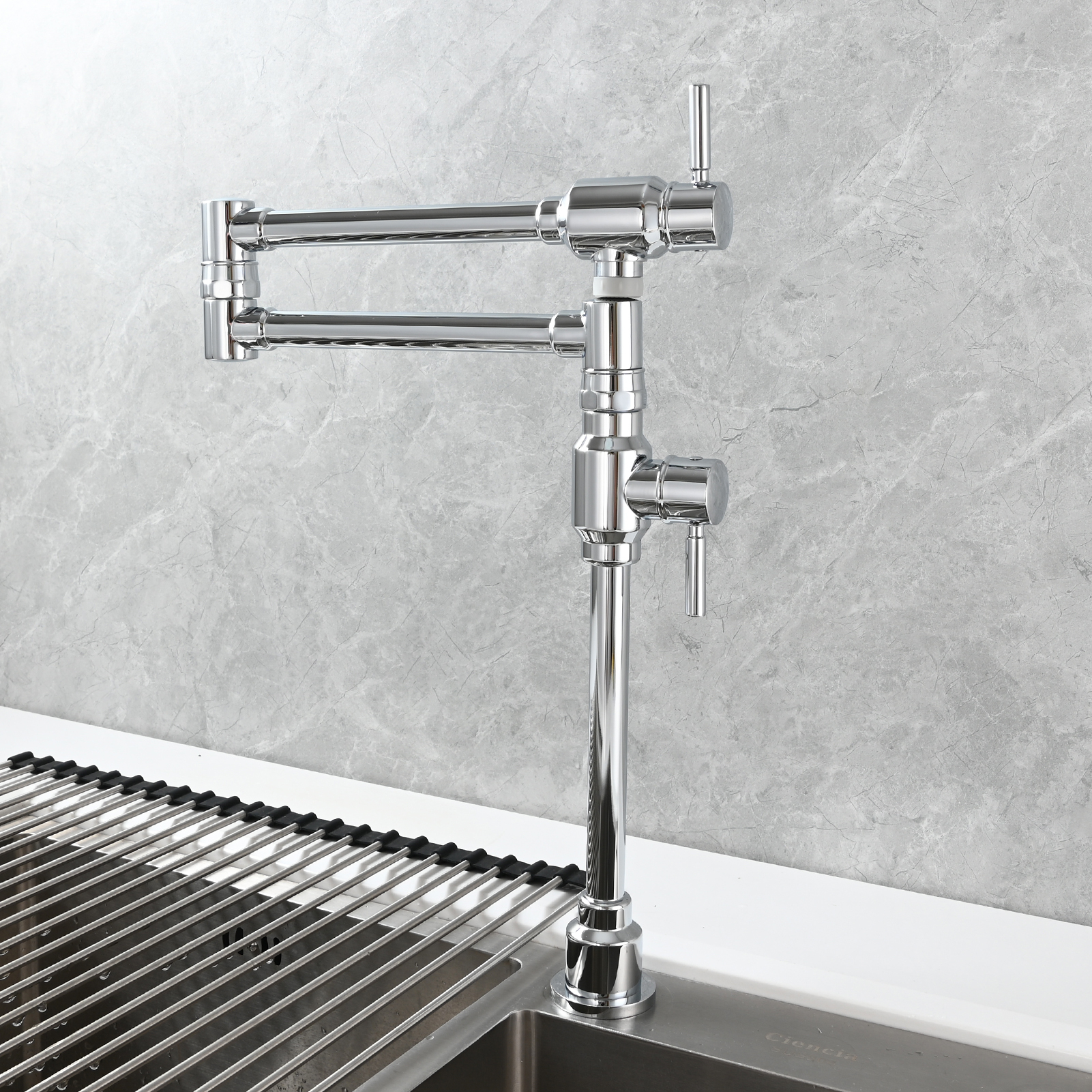 Tecmolog Brass Folding Deck Mount Pot Faucets Over Stove,Single Cold Kitchen Tap with Double Joint Swing Arms