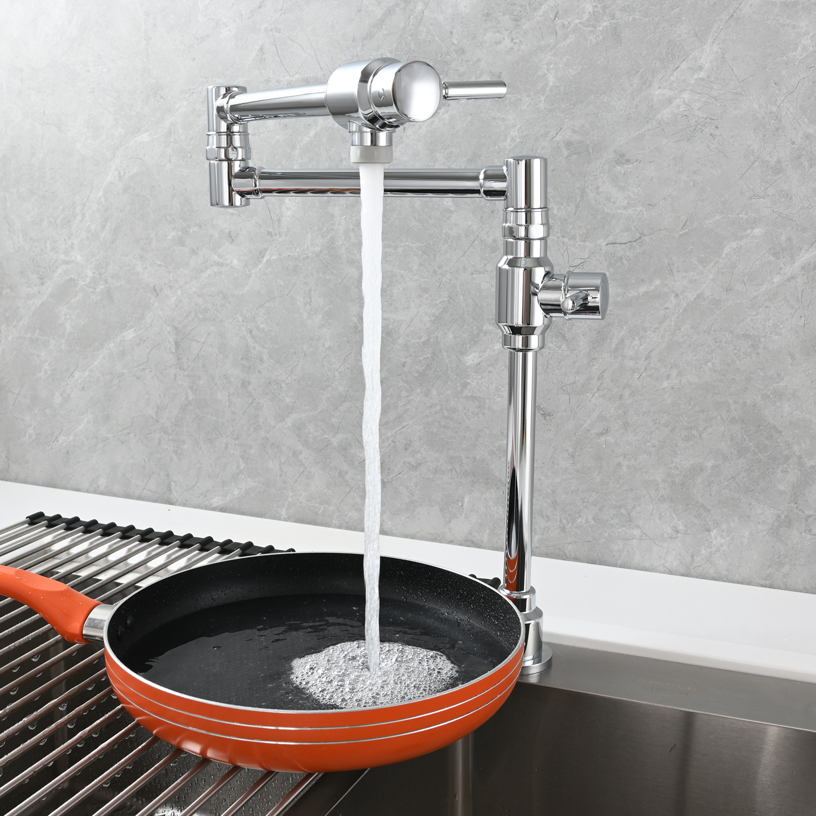 Tecmolog Brass Folding Deck Mount Pot Faucets Over Stove,Single Cold Kitchen Tap with Double Joint Swing Arms