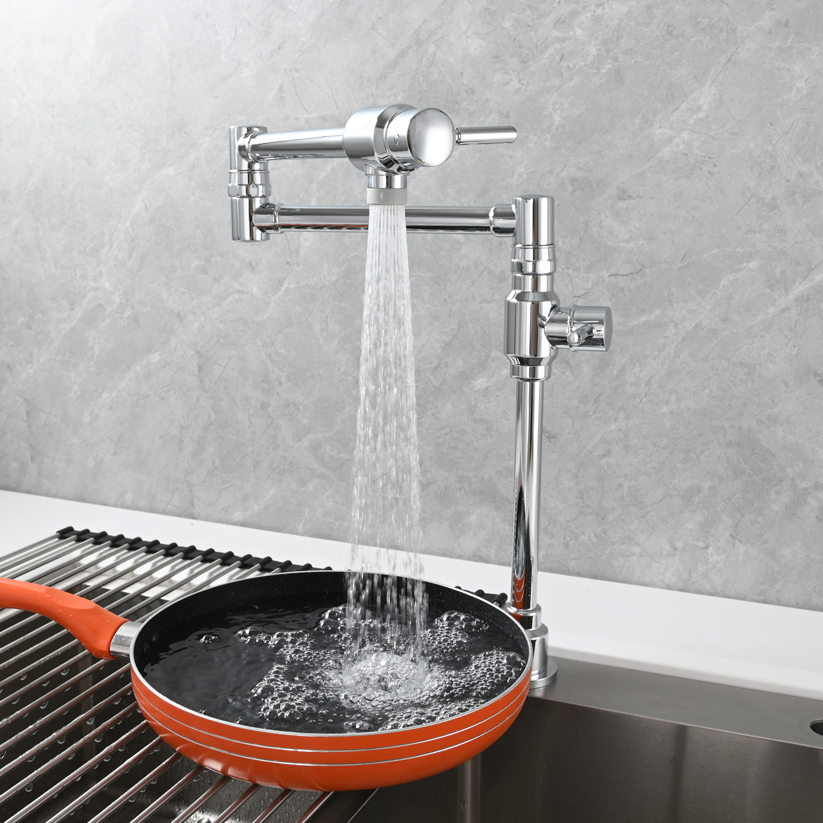 Tecmolog Brass Folding Deck Mount Pot Faucets Over Stove,Single Cold Kitchen Tap with Double Joint Swing Arms