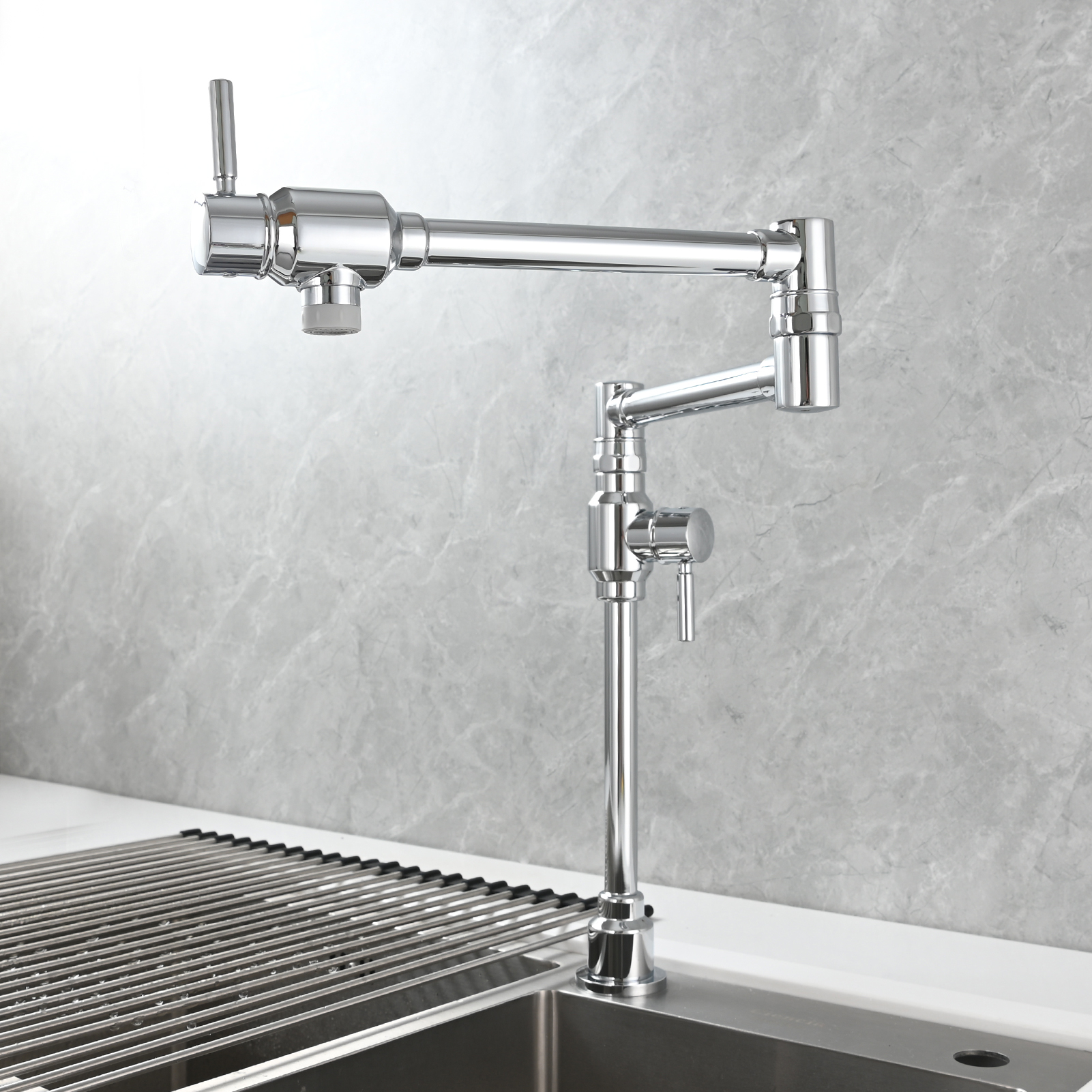 Tecmolog Brass Folding Deck Mount Pot Faucets Over Stove,Single Cold Kitchen Tap with Double Joint Swing Arms