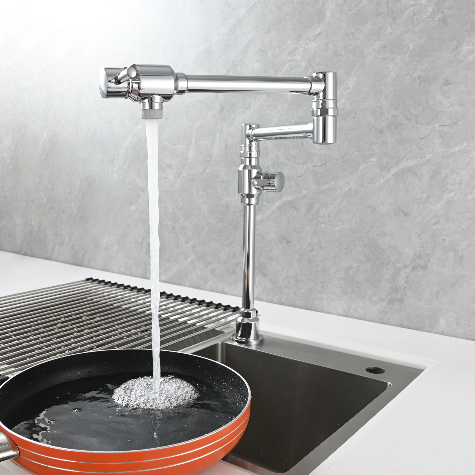 Tecmolog Brass Folding Deck Mount Pot Faucets Over Stove,Single Cold Kitchen Tap with Double Joint Swing Arms