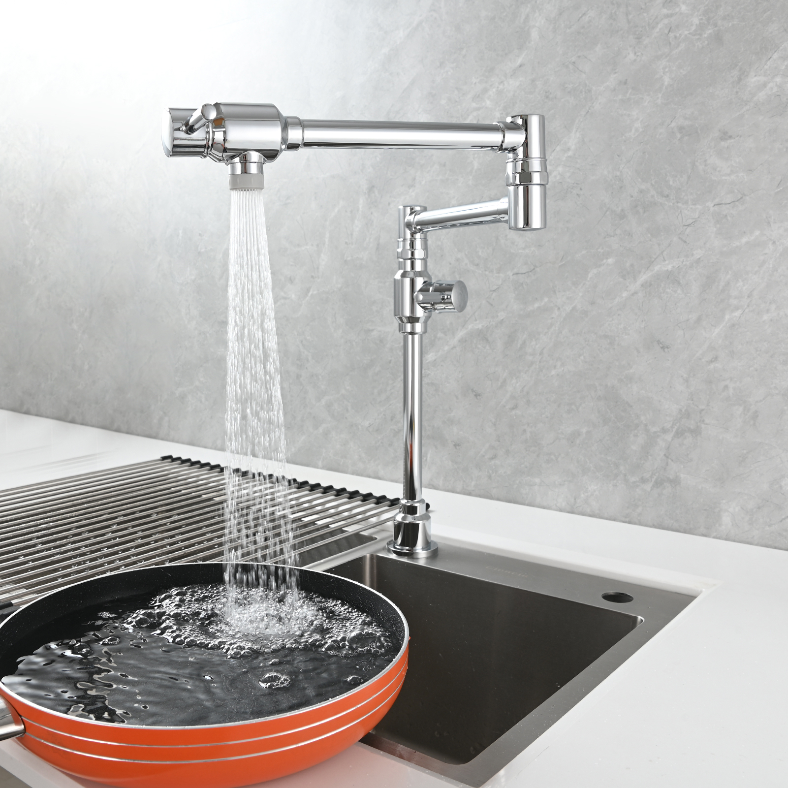 Tecmolog Brass Folding Deck Mount Pot Faucets Over Stove,Single Cold Kitchen Tap with Double Joint Swing Arms