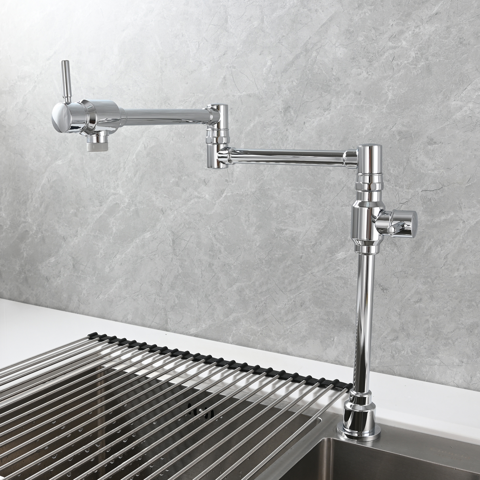 Tecmolog Brass Folding Deck Mount Pot Faucets Over Stove,Single Cold Kitchen Tap with Double Joint Swing Arms